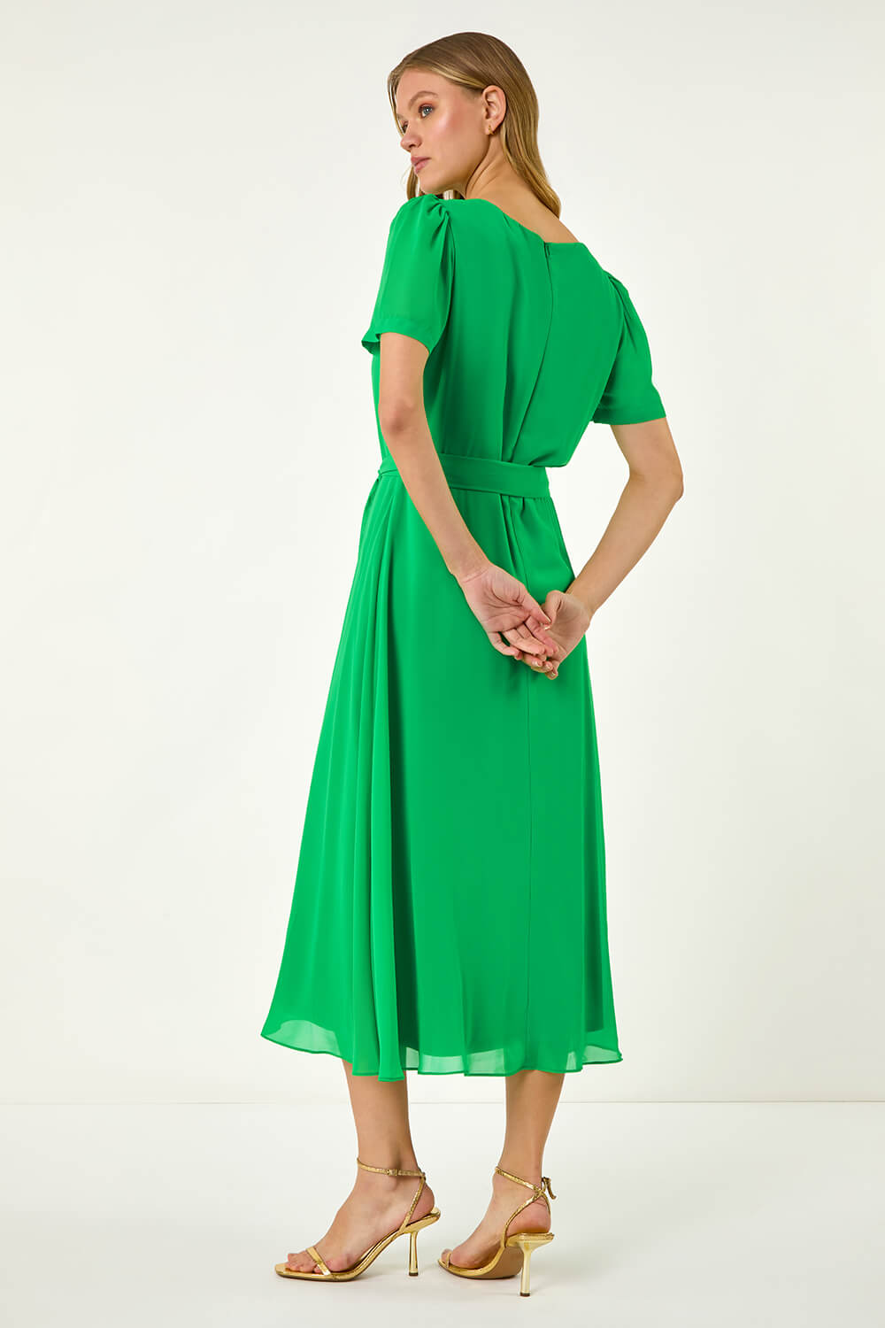 Bow High Neck Pleated Long Sleeve Chiffon Dress Green main image 1