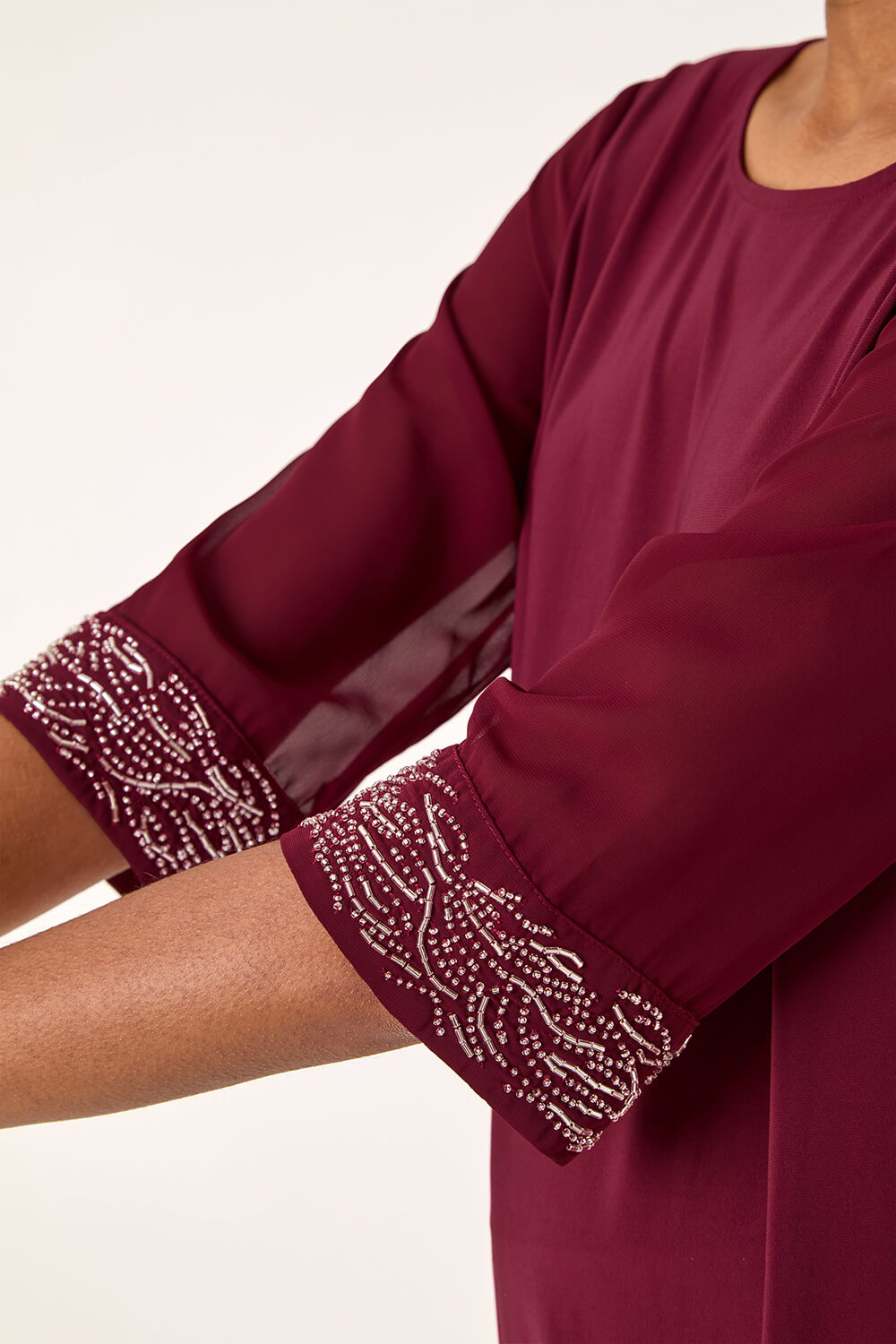 Red Embellished Cuff Chiffon Top, Image 6 of 5