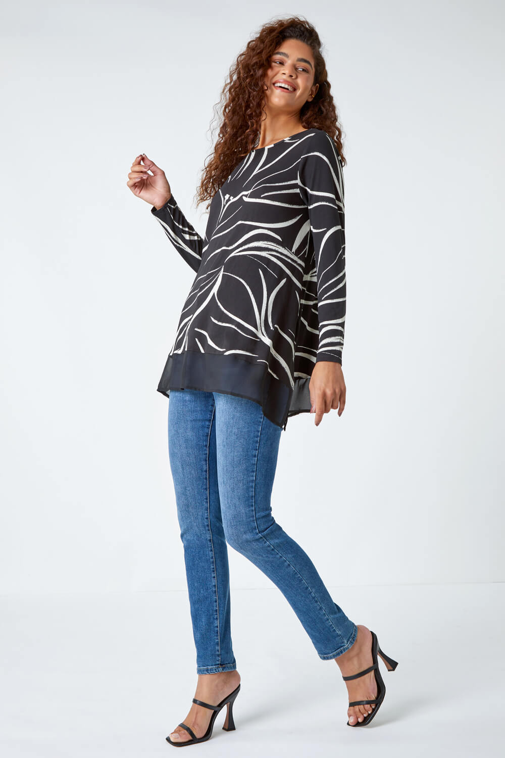 Black Leaf Print Chiffon Hem Stretch Top , Image 3 of 5