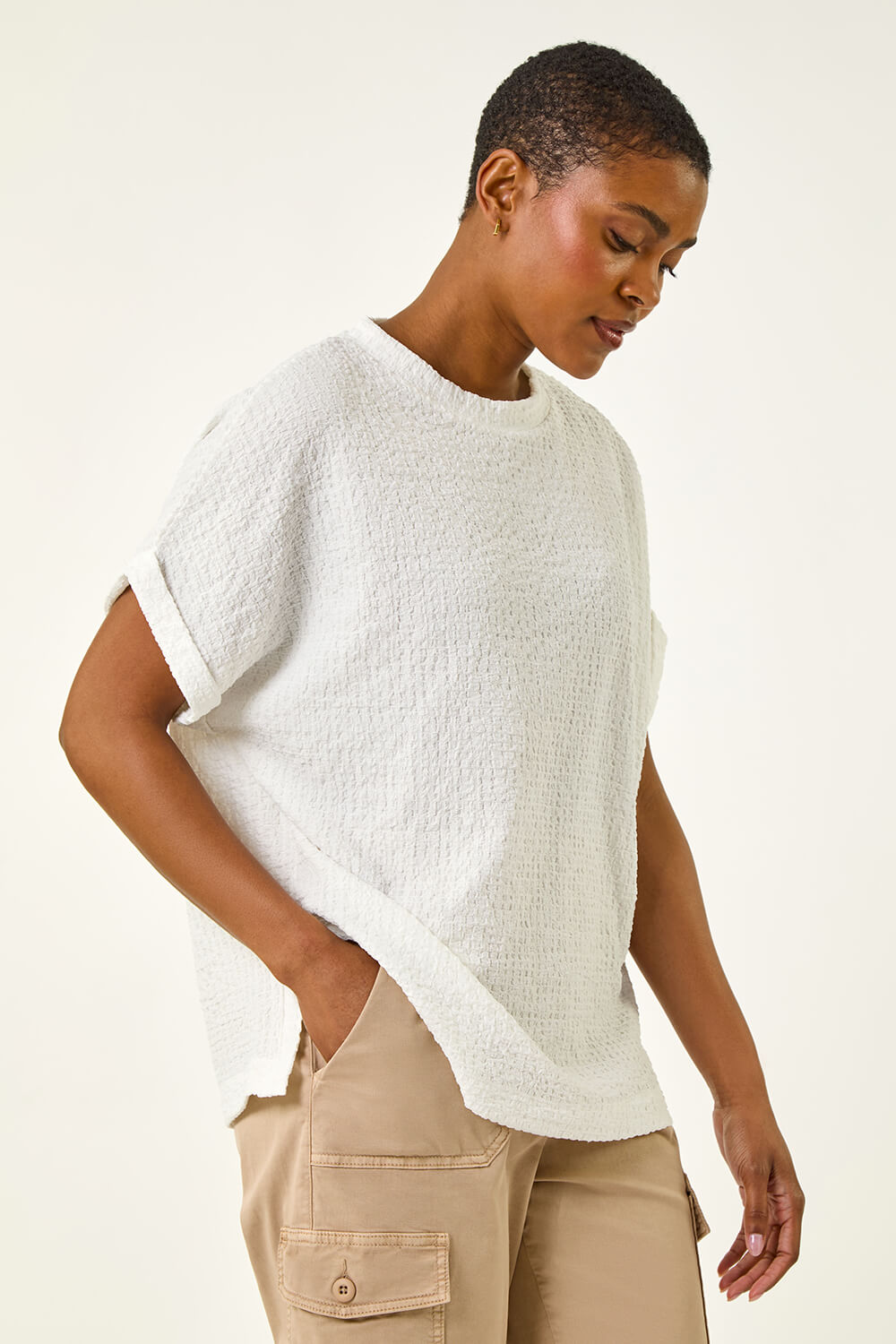 Ivory Textured Crepe Boxy Shirt, Image 3 of 5