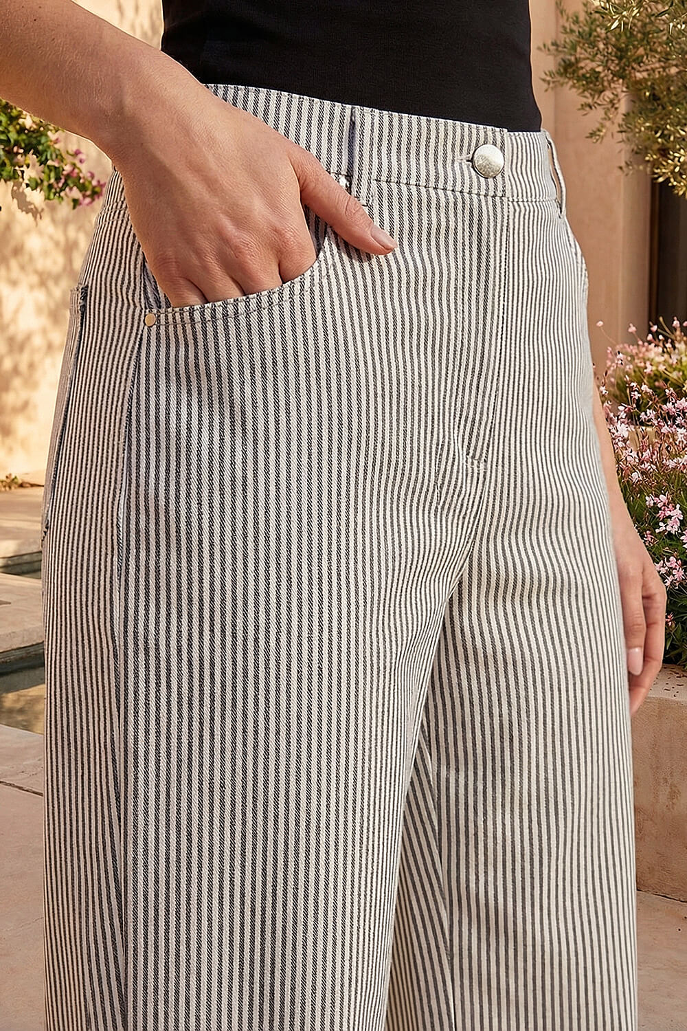 Black Stripe Wide Leg Stretch Trousers, Image 5 of 4