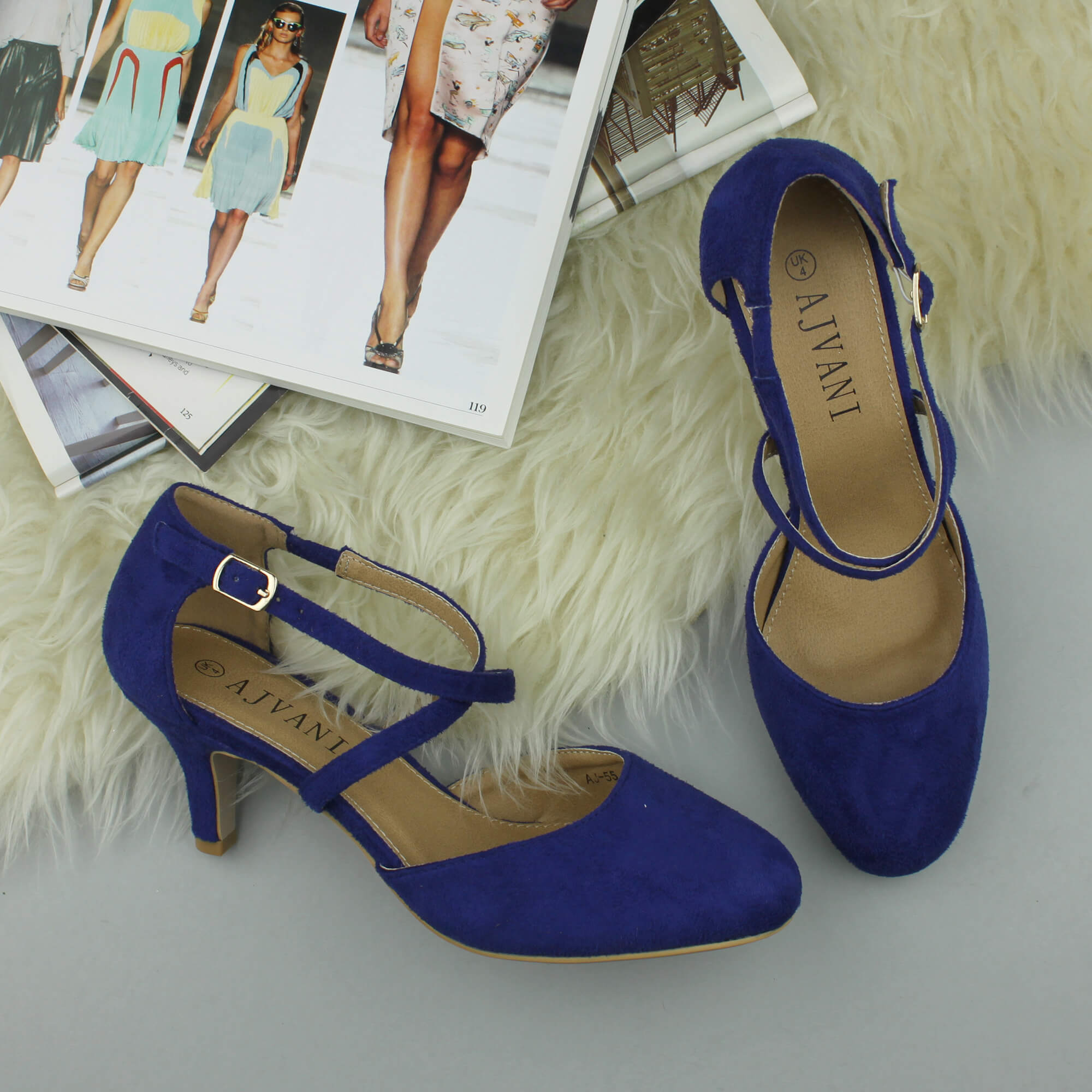 Royal Blue AJVANI Royal Blue Mid Heel Crossed Straps Court Shoes, Image 4 of 6