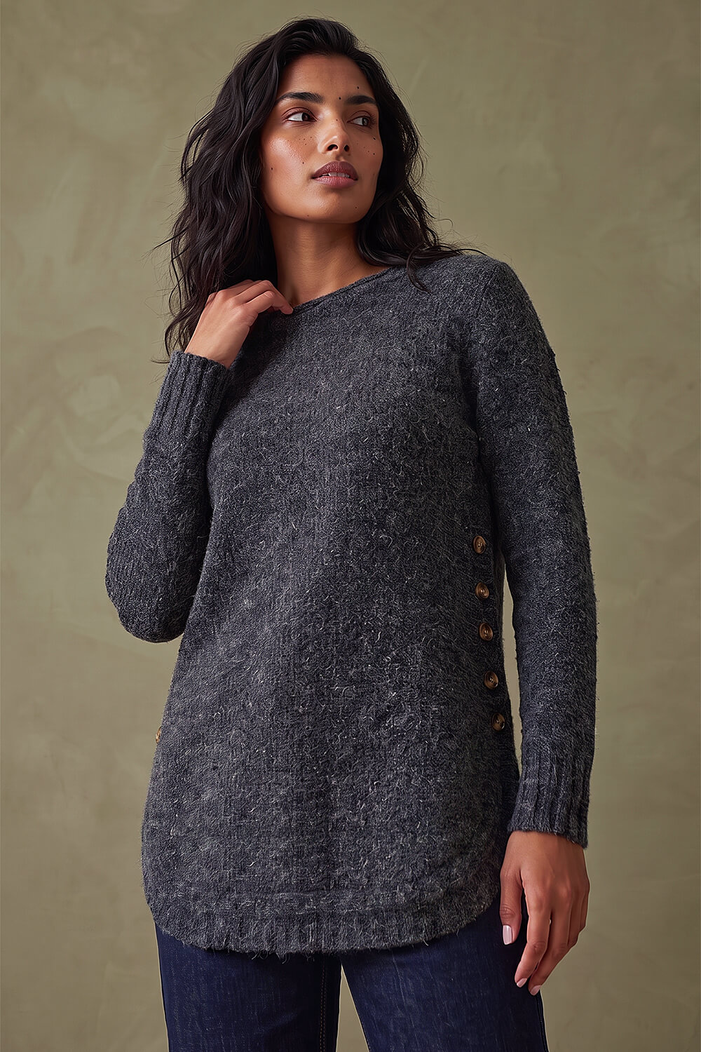 Roman Women's Black Button Detail Curved Hem Jumper Size 20