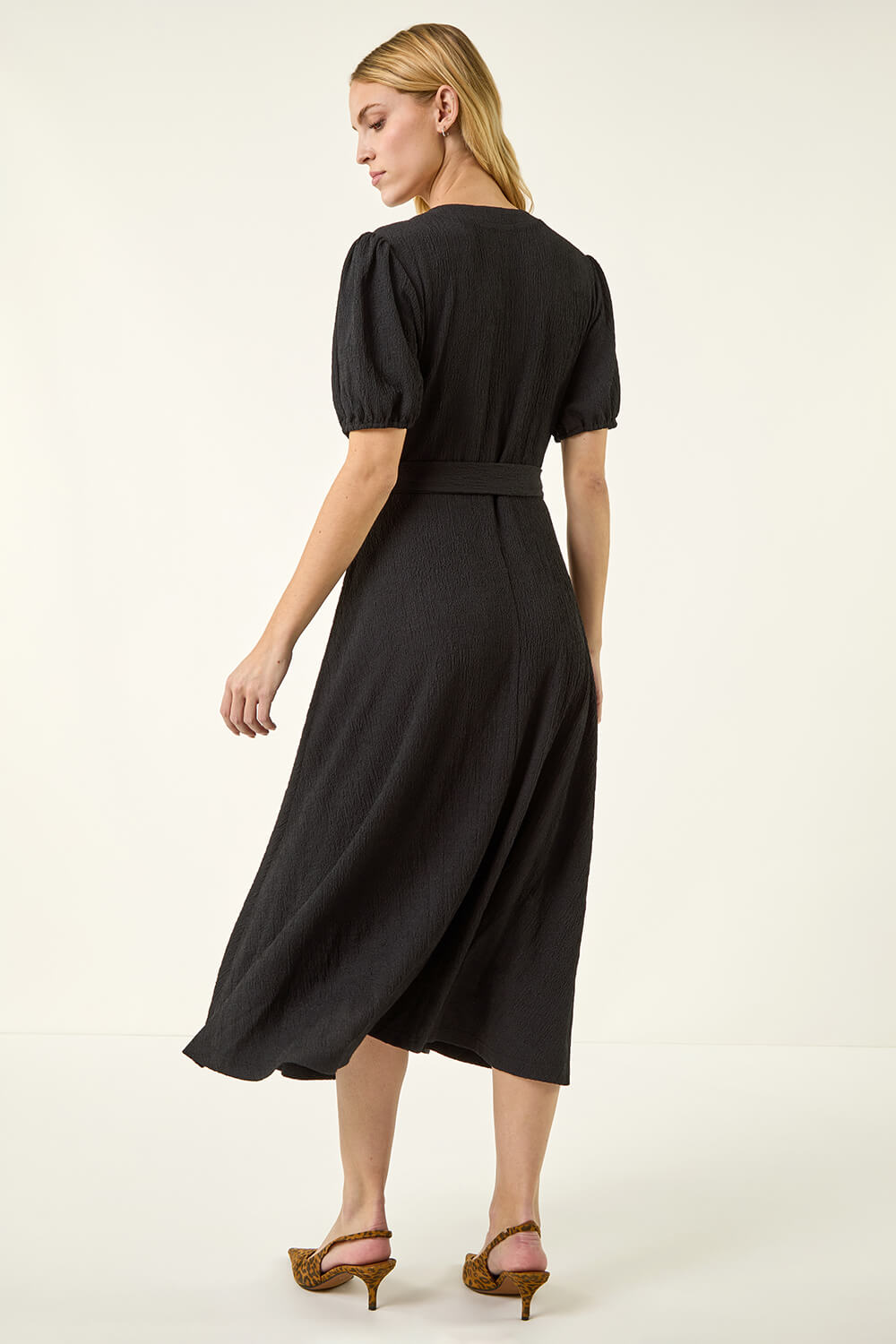 Black Wrap Bodice Belted Midi Dress, Image 4 of 5