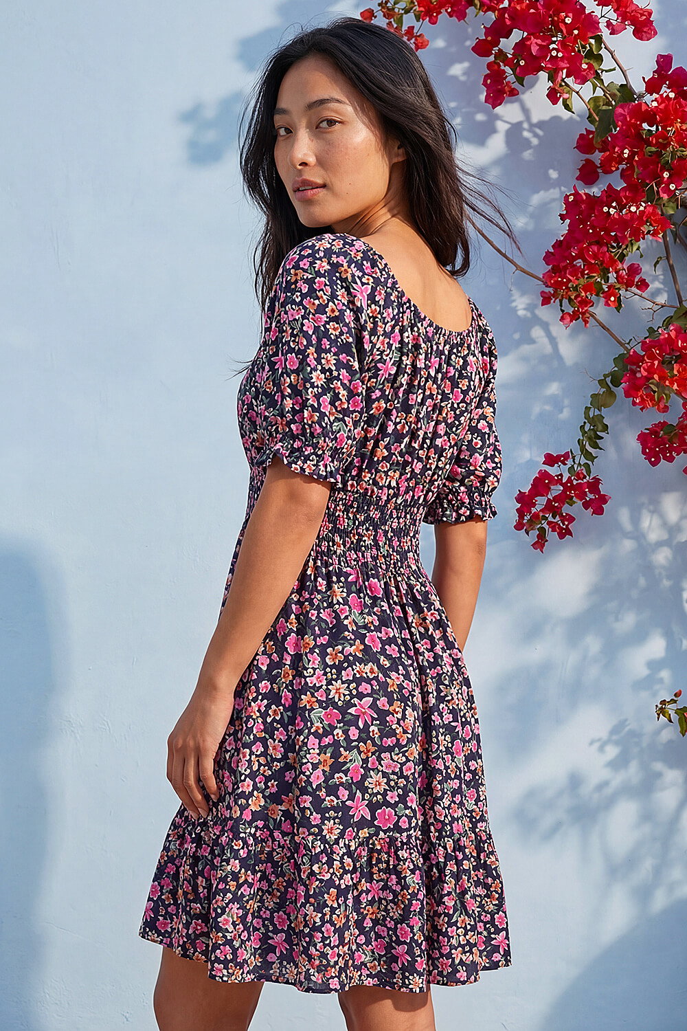 Navy Petite Ditsy Floral Print Frill Dress, Image 4 of 4
