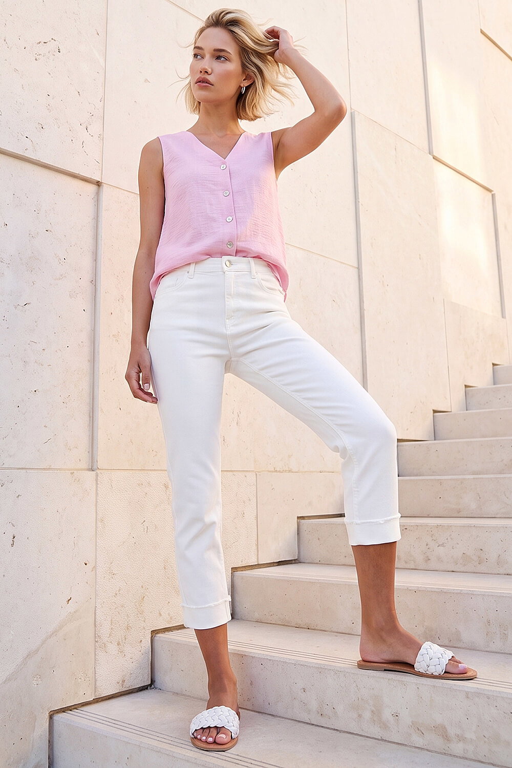 White Slim Leg Turn Up Stretch Jeans, Image 3 of 4