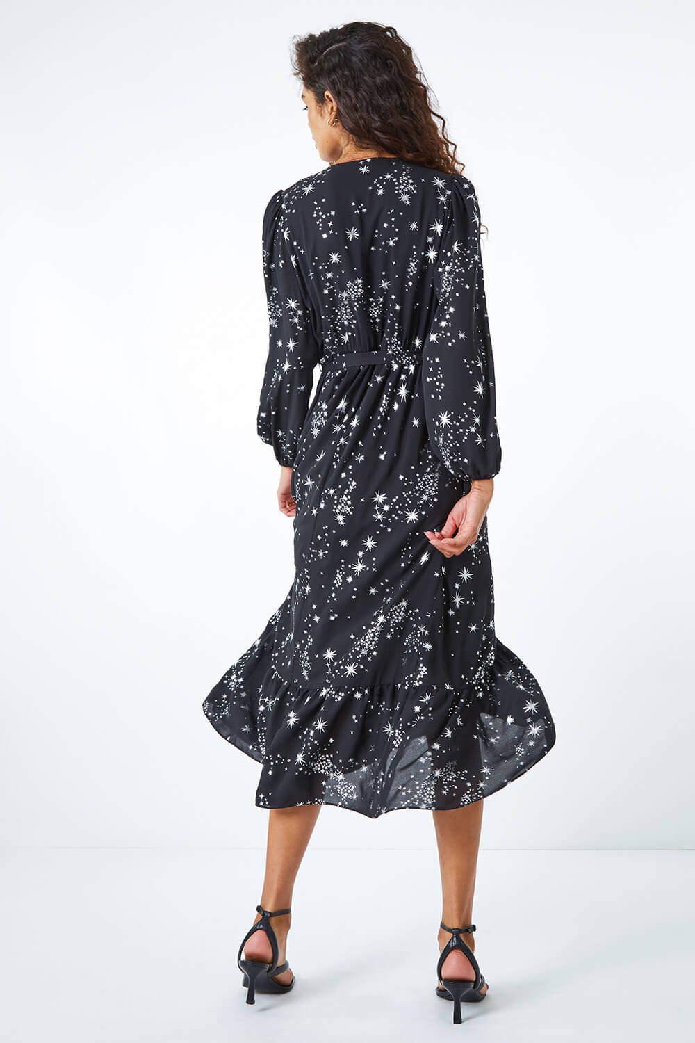 Black Metallic Star Wrap Midi Dress, Image 3 of 5