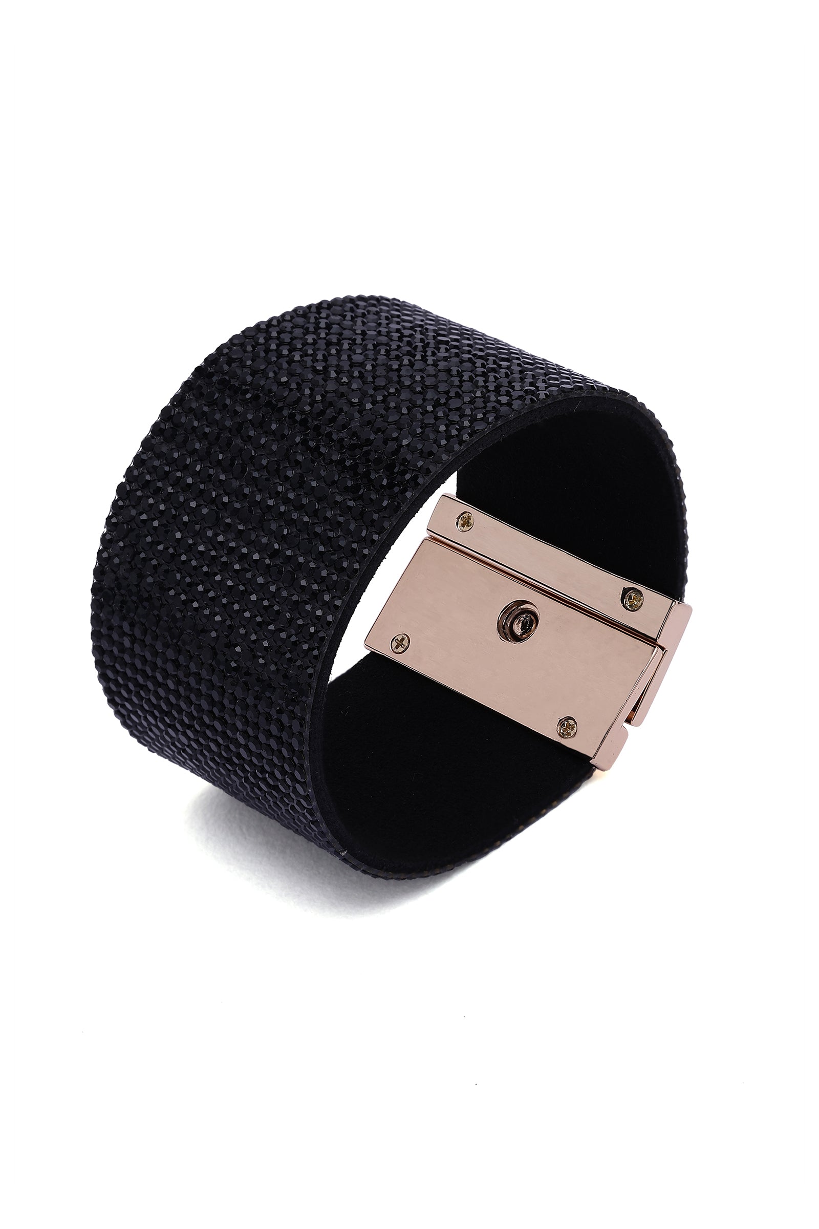 Black Luxury Crystal-Studded Leather Cuff Bracelet