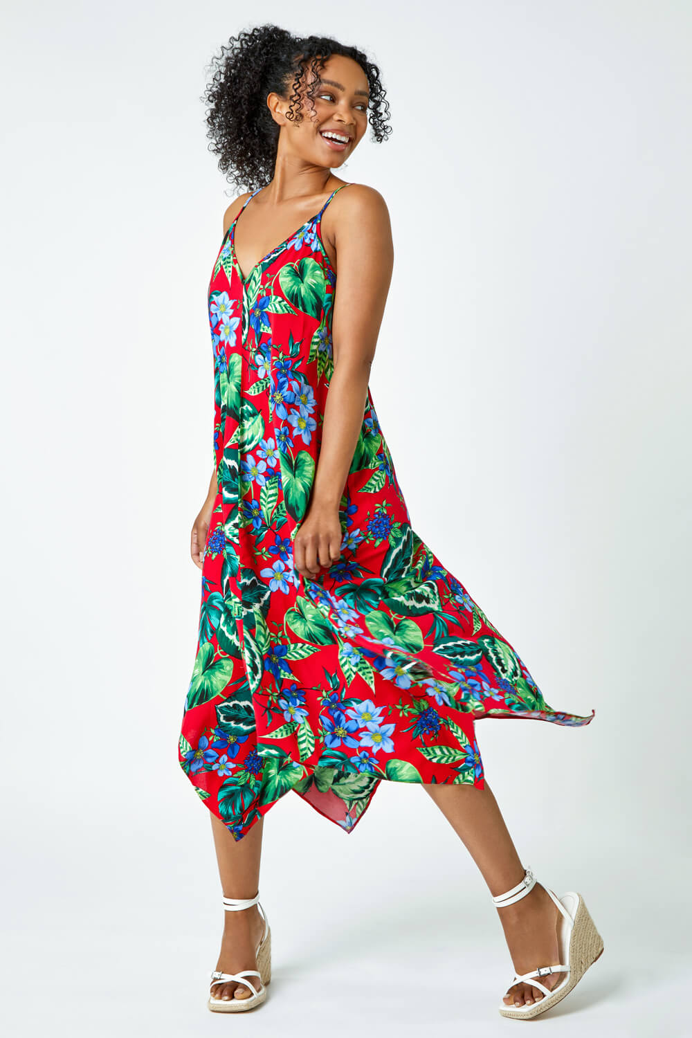 Red Petite Tropical Hanky Hem Midi Dress | Petite UK