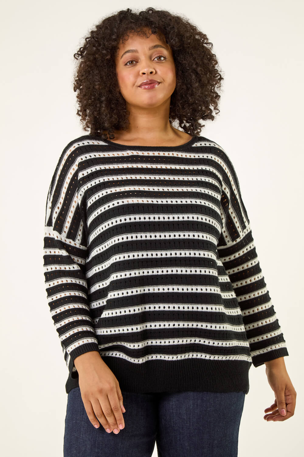 Roman Curve Women's Black Crochet Stripe Knit Size 22-24
