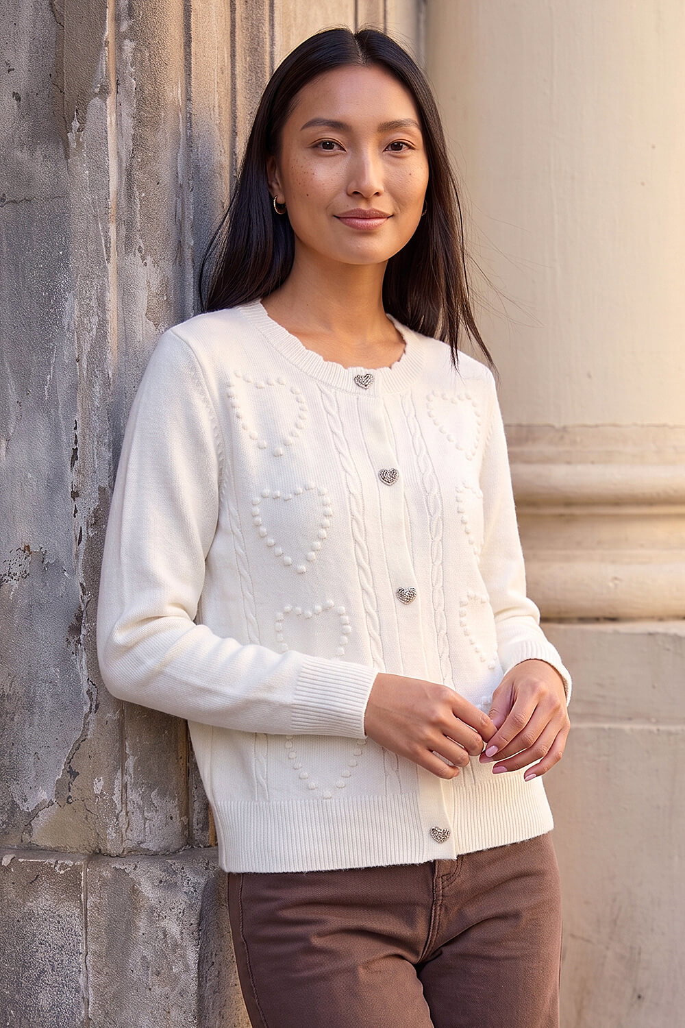 Roman Women's Ivory Heart Stitch Knit Cardigan Size 10
