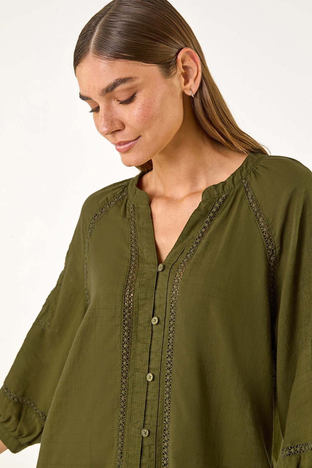 Roman Women's Khaki Embroidered Cotton Sleeve Blouse Size 18