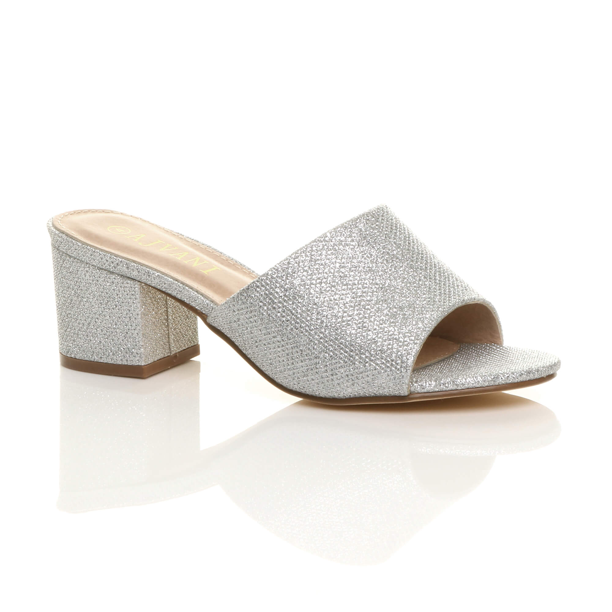 Silver AJVANI Silver Mid Block Heel Peep Toe Mules Sandals, Image 1 of 6
