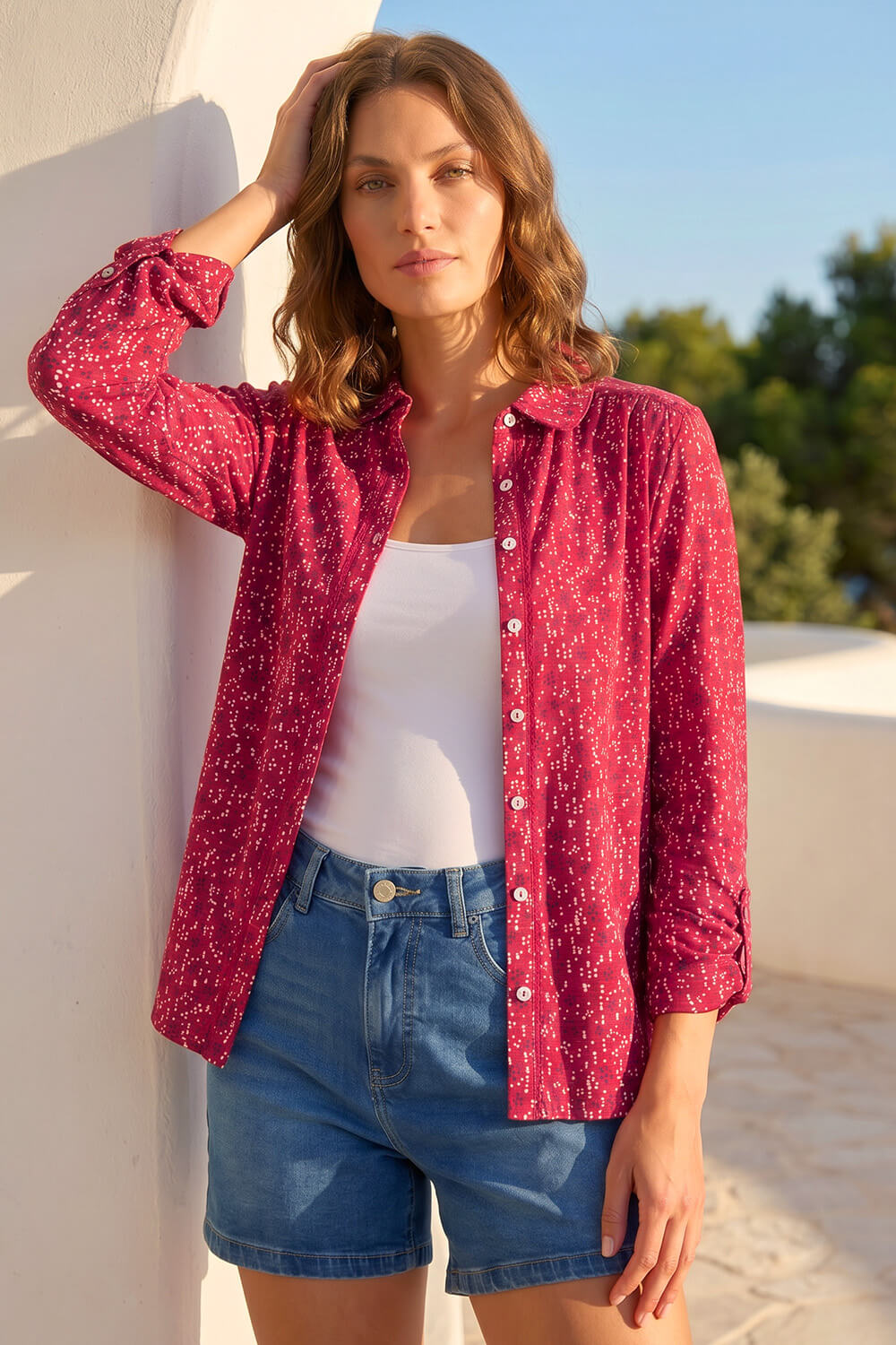 Red Petite Abstract Spot Stretch Shirt, Image 3 of 4