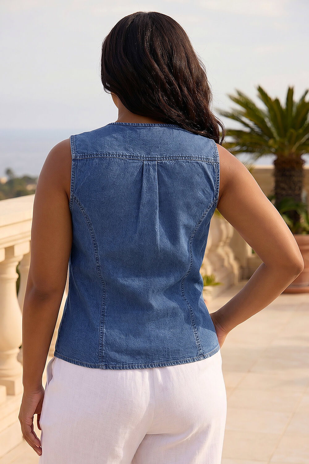 Blue Curve Denim Button Waistcoat, Image 5 of 4