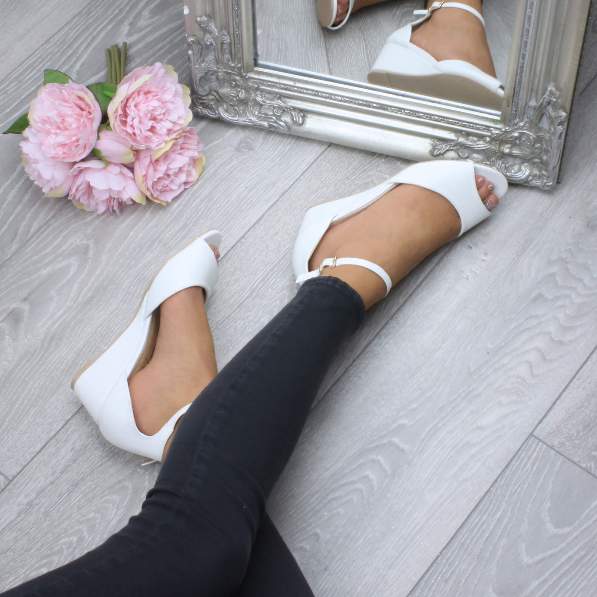 White AJVANI White Mid Wedge Heel Ankle Strap Sandals, Image 5 of 6