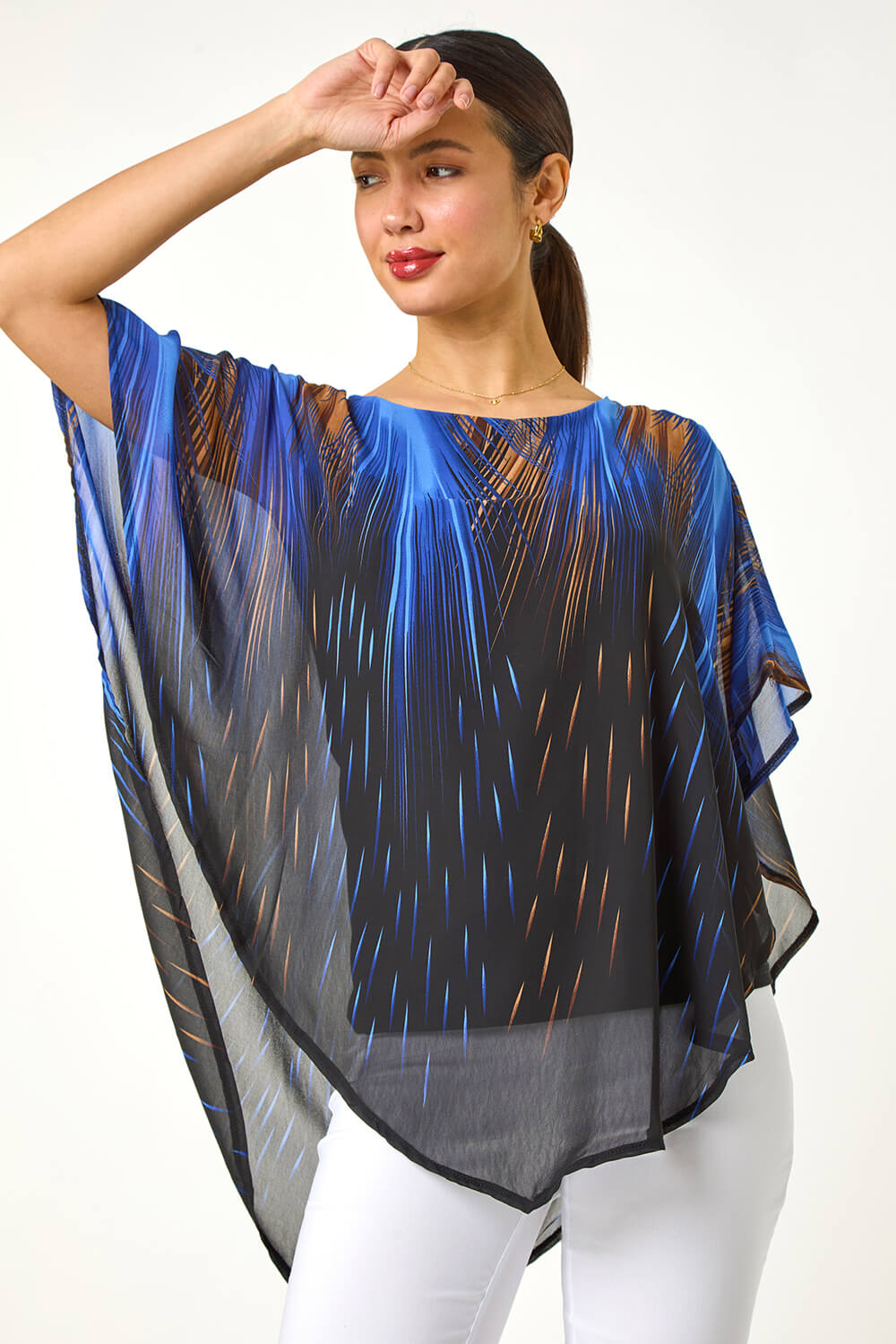 Roman Women's Blue Abstract Stretch Chiffon Overlay Top Size 10
