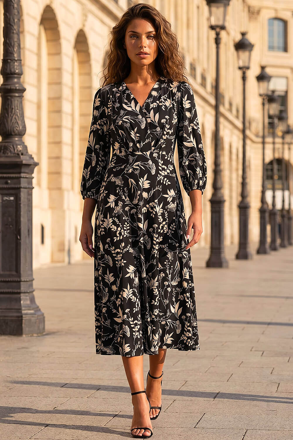 Black Floral Print Midi Dress, Image 4 of 4