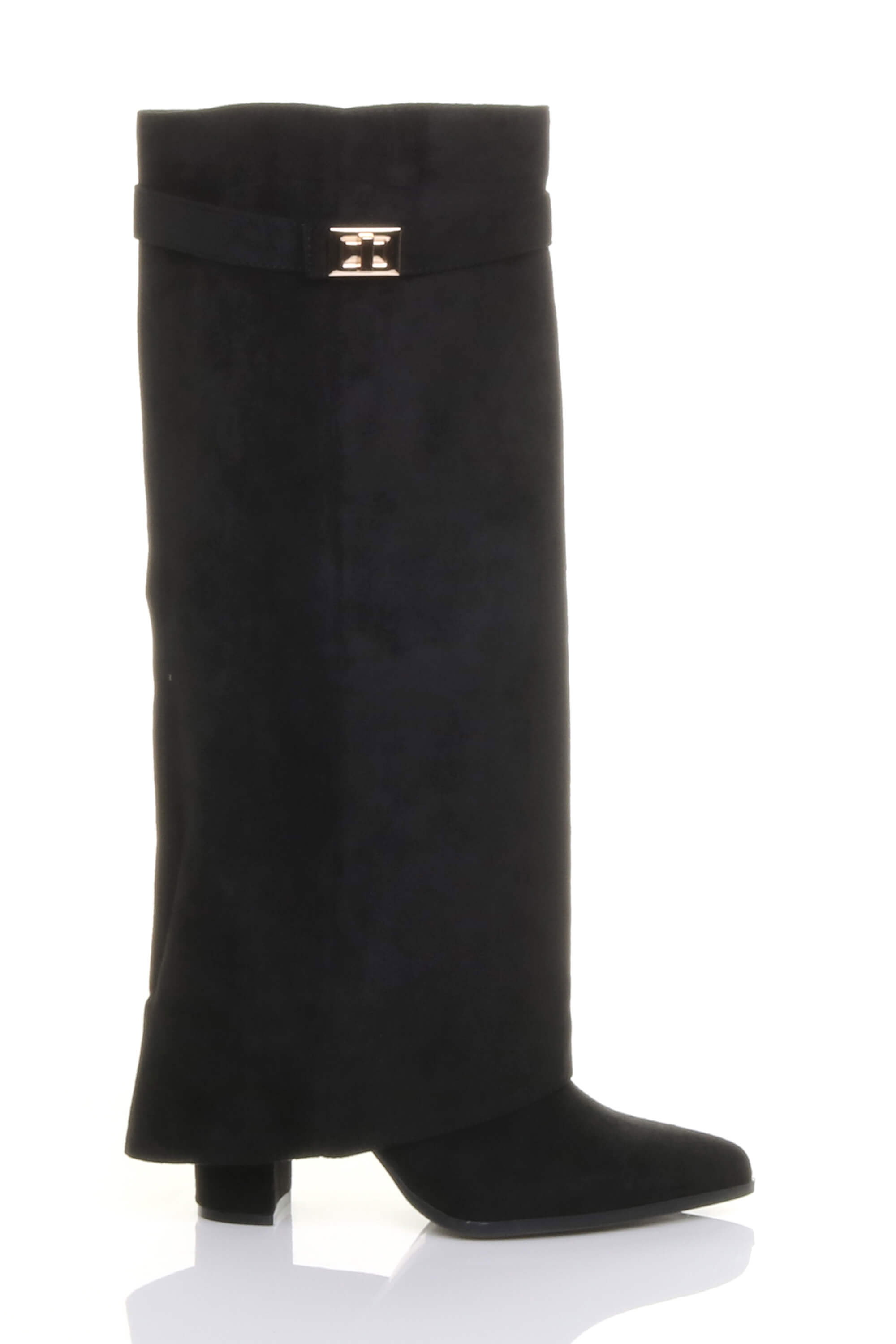 Black High Block Heel Pointed Toe Fold Over Knee Boots