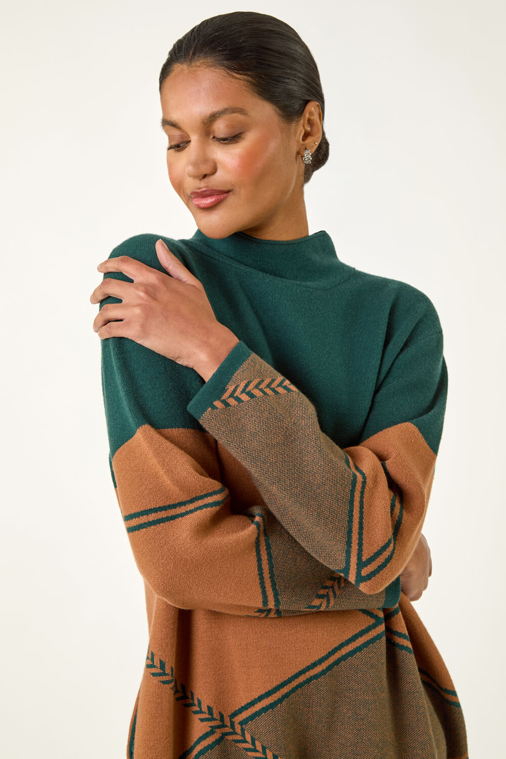 Dark Green Patchwork Knit Jumper Dress, Image 5 of 5