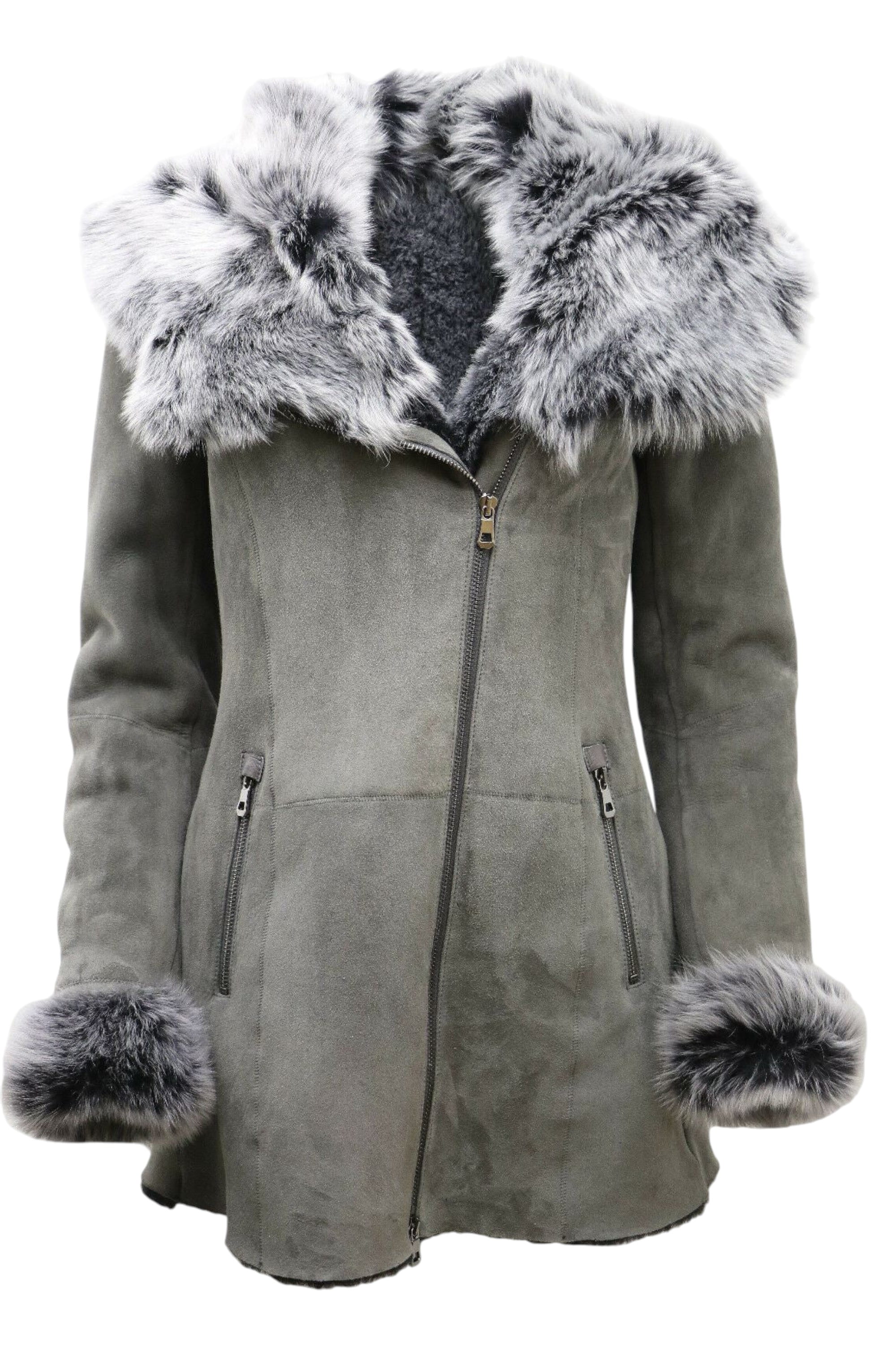 Grey Hooded Merino Sheepskin Coat-Monrovia, Image 2 of 5