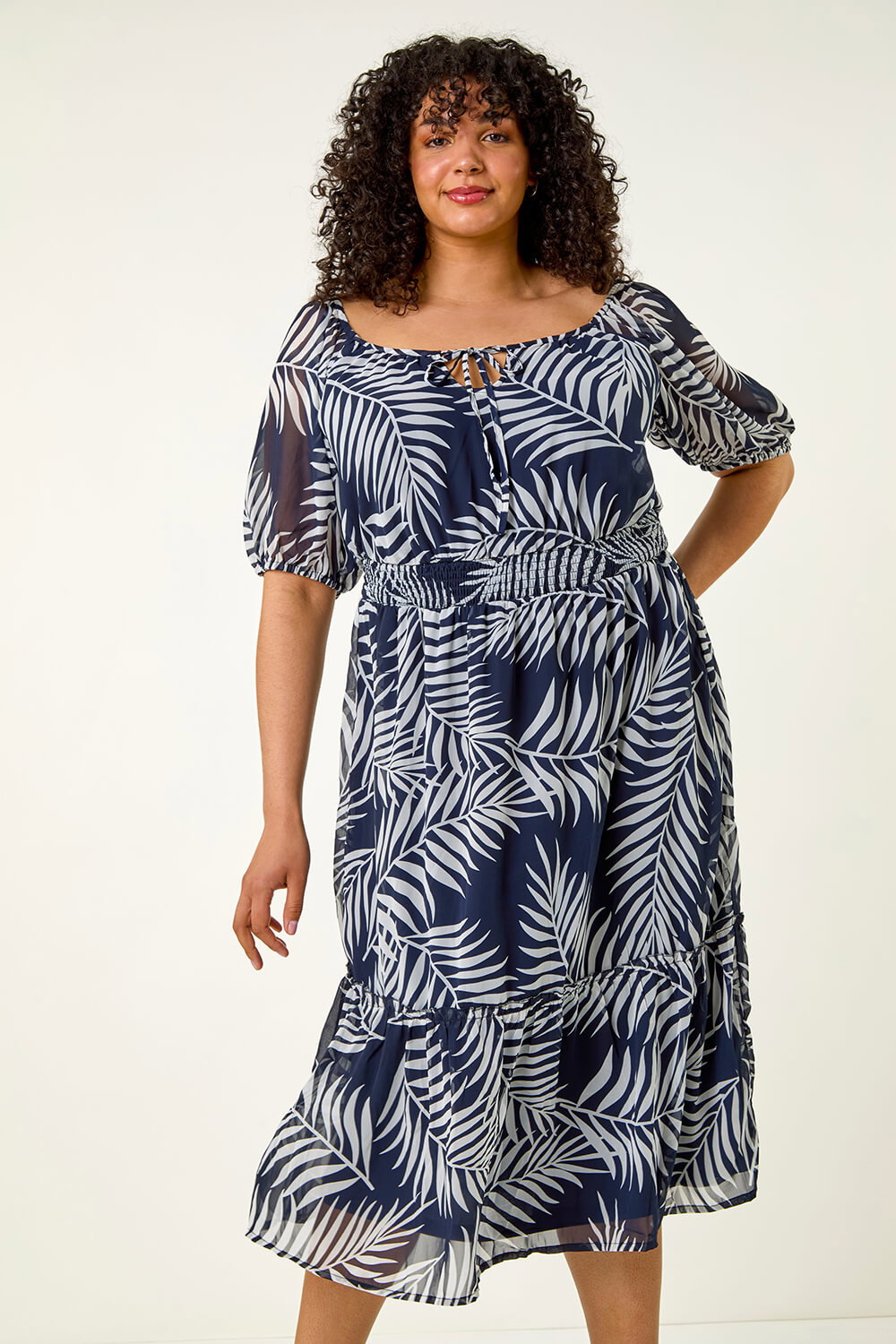 Roman Curve Women's Navy Leaf Print Tie Neck Midi Dress Size 20