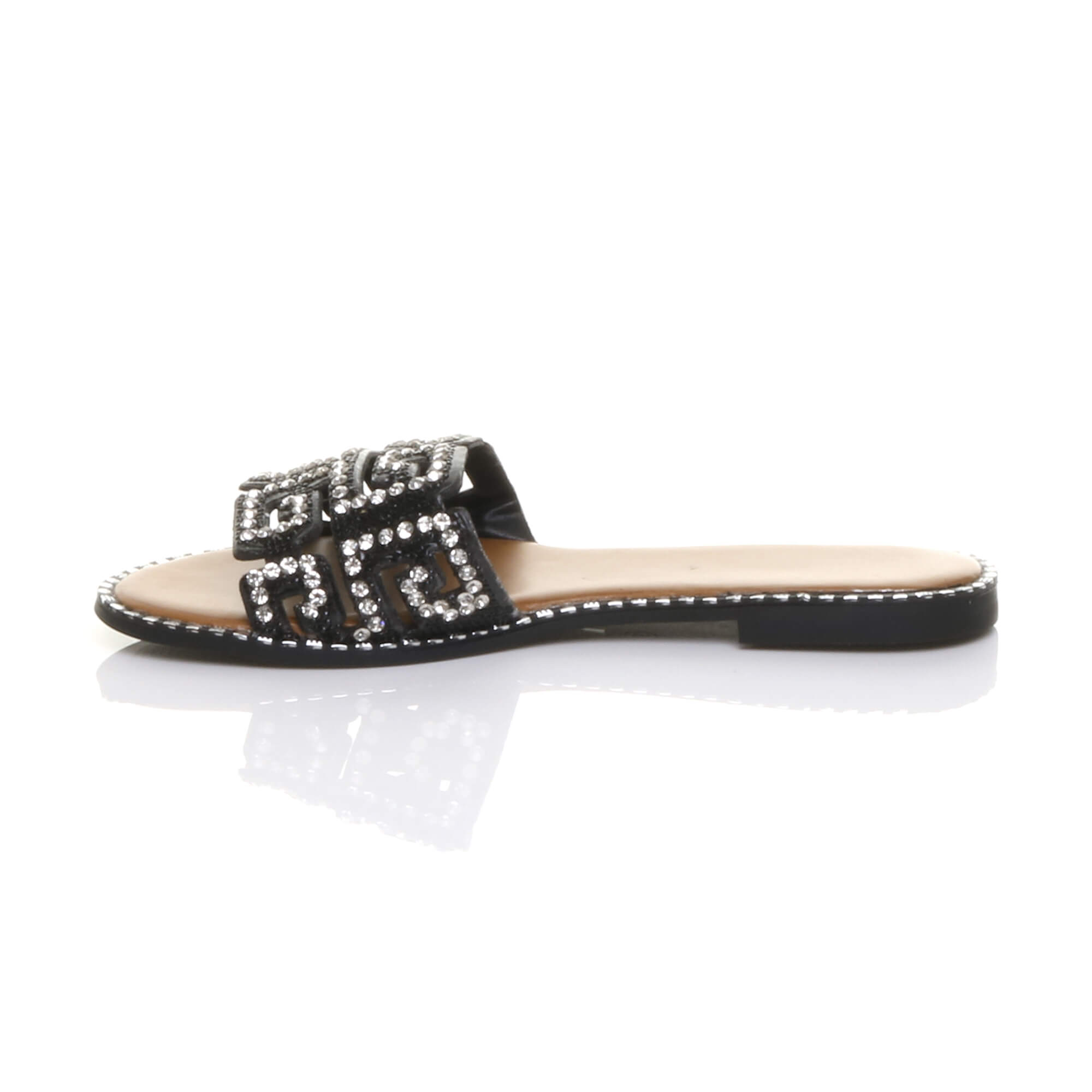 Black Flat Diamante Mule Sandals Flip Flips Sliders, Image 3 of 4