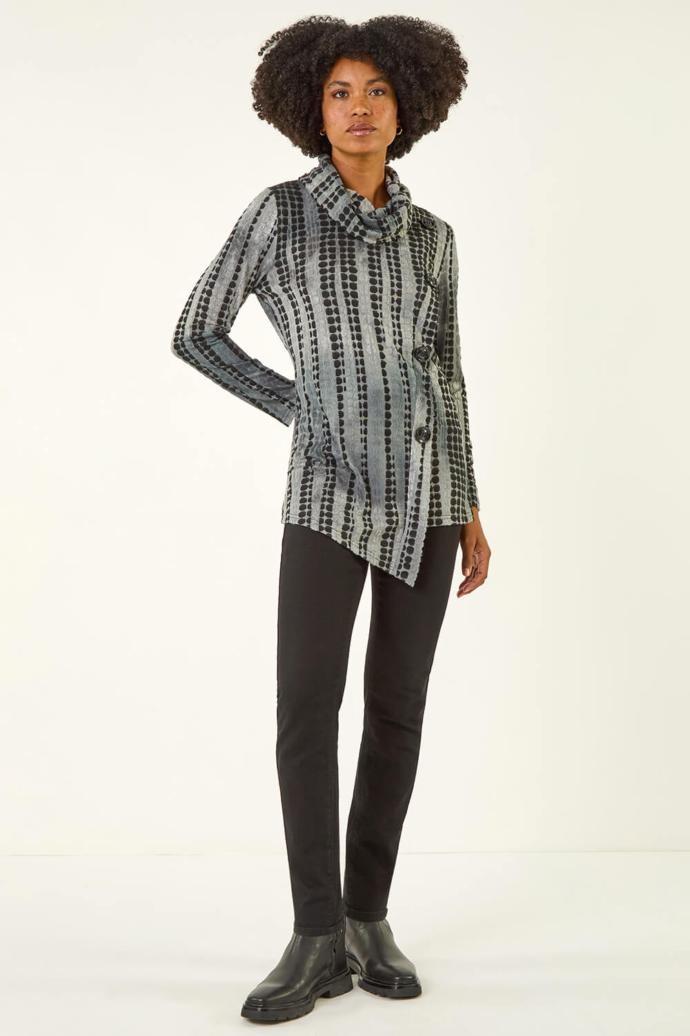 Grey Cowl Neck Buttoned Top, Image 3 of 5