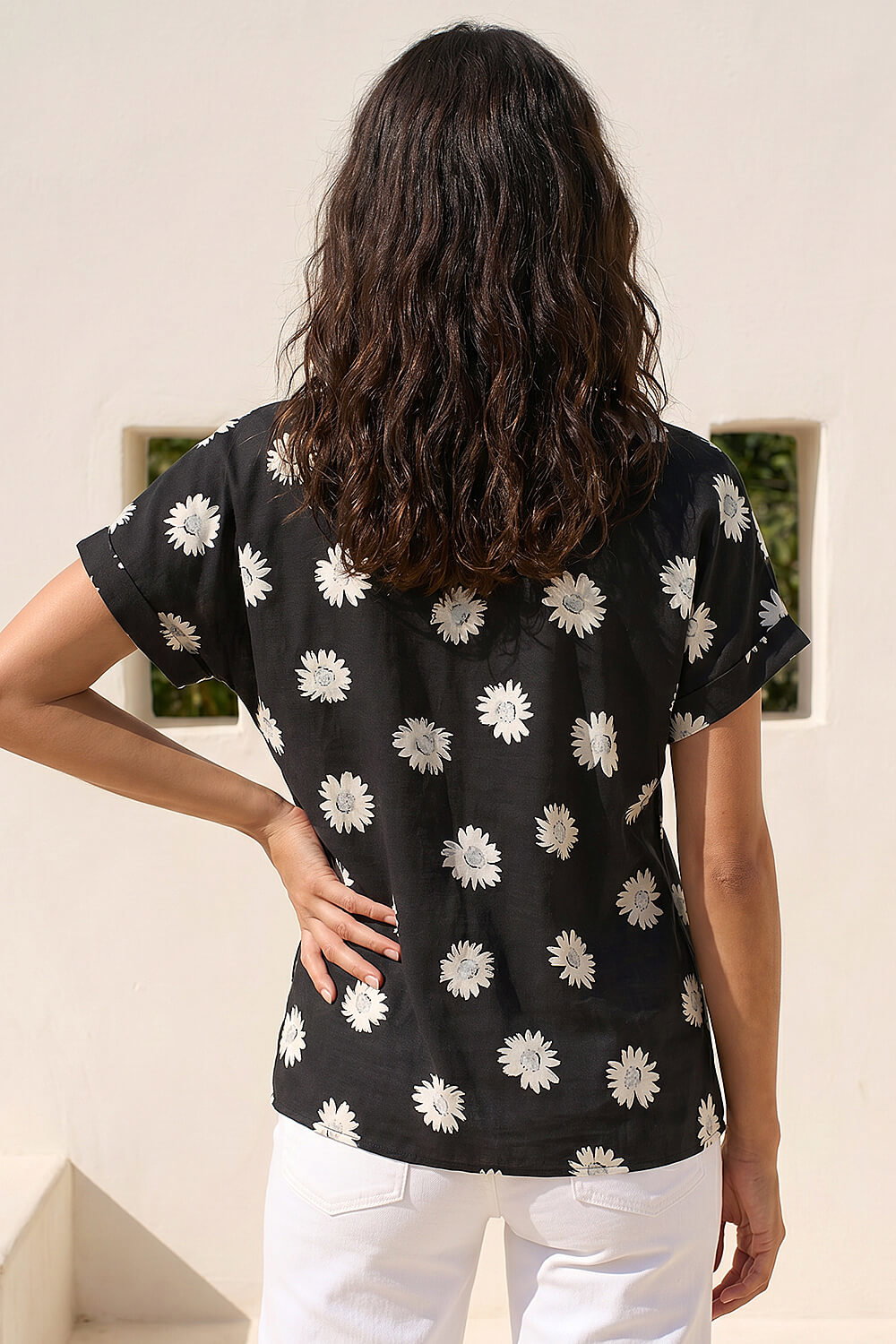 Black Daisy Print Pleat Front Top, Image 4 of 4