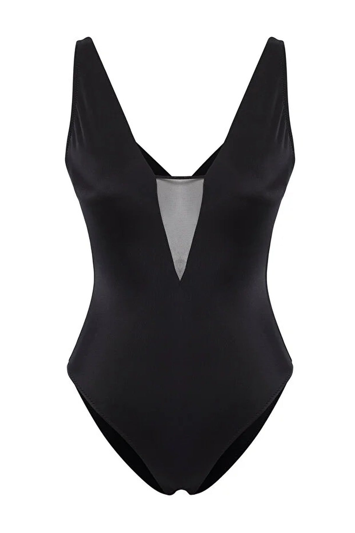 Black Plunge Mesh Panel Detail High Leg Swimsuit, Image 3 of 5