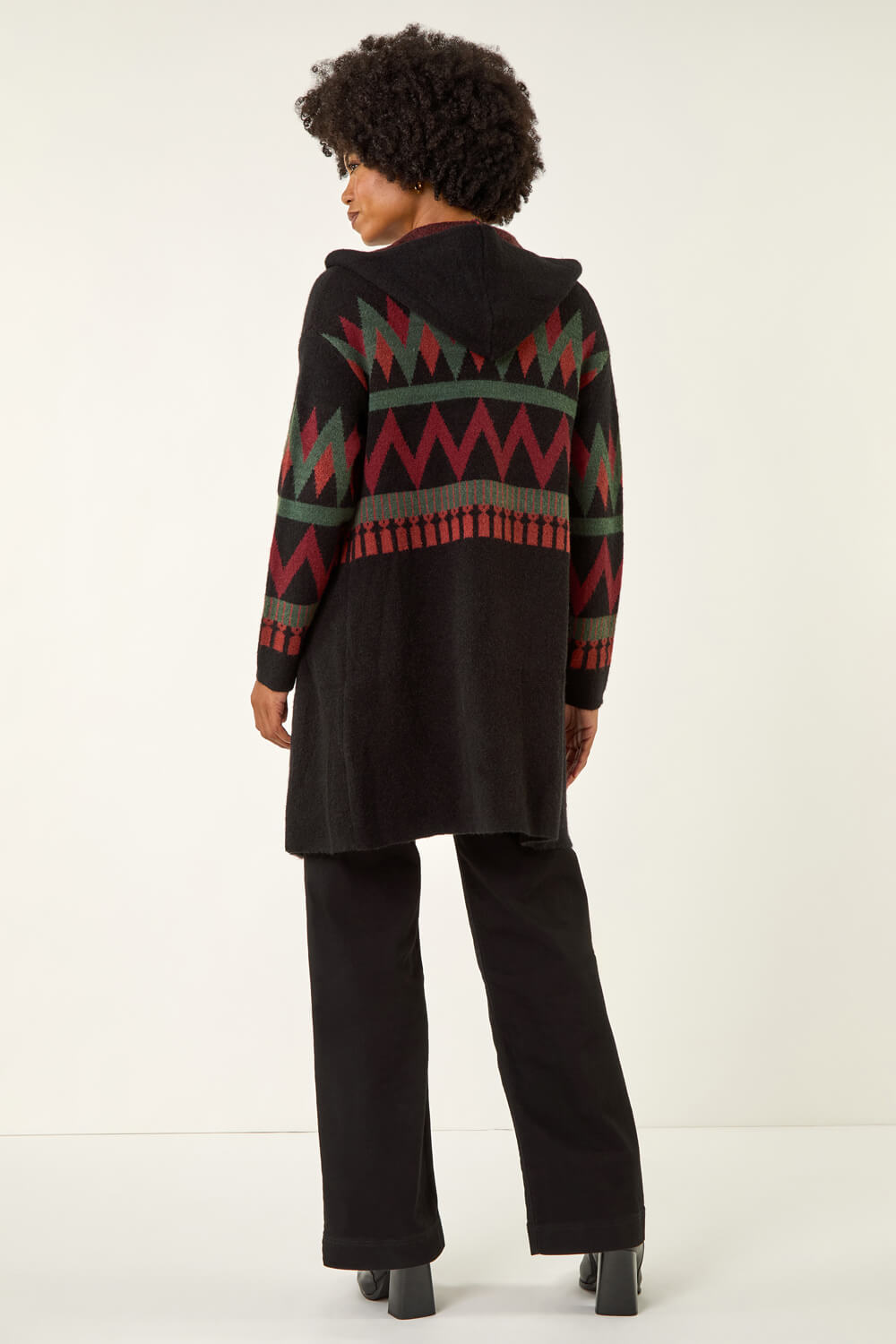 Black Nordic Pattern Hooded Knit Cardigan, Image 4 of 5