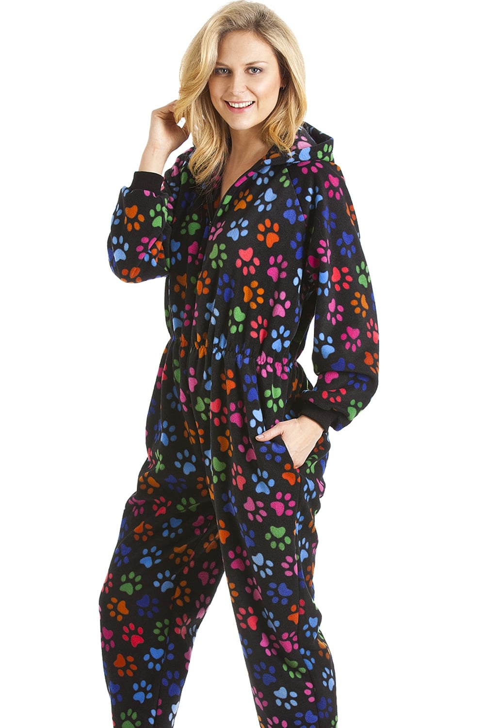 Black Camille Lingerie Black All In One Paw Print Hooded Fleece Onesie, Image 4 of 5