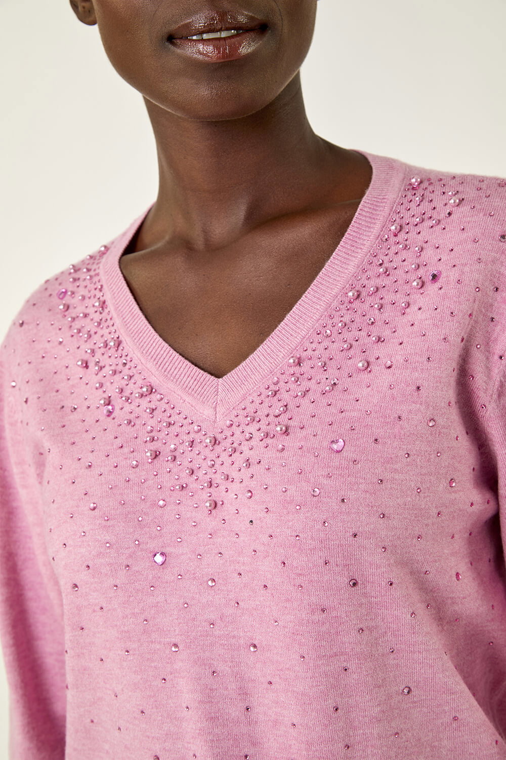 PINK Sparkly Heart V-Neck Knit Jumper , Image 6 of 5