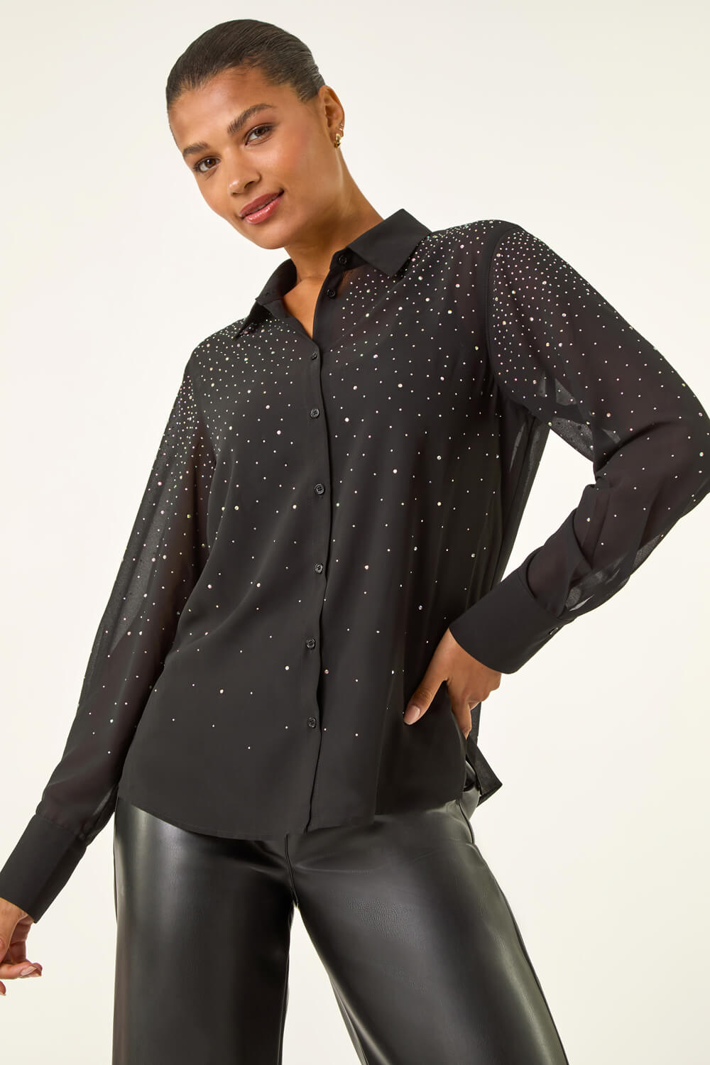 Black Sparkly Button Up Blouse , Image 3 of 7