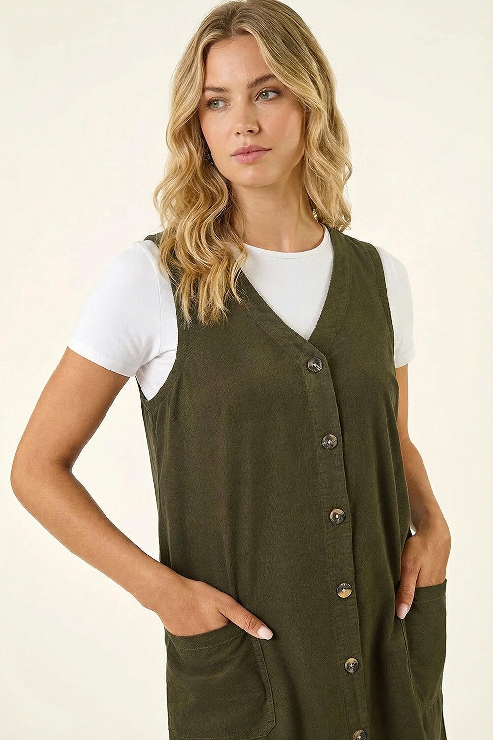 Khaki Cotton V-Neck Button Pocket Dress, Image 4 of 6