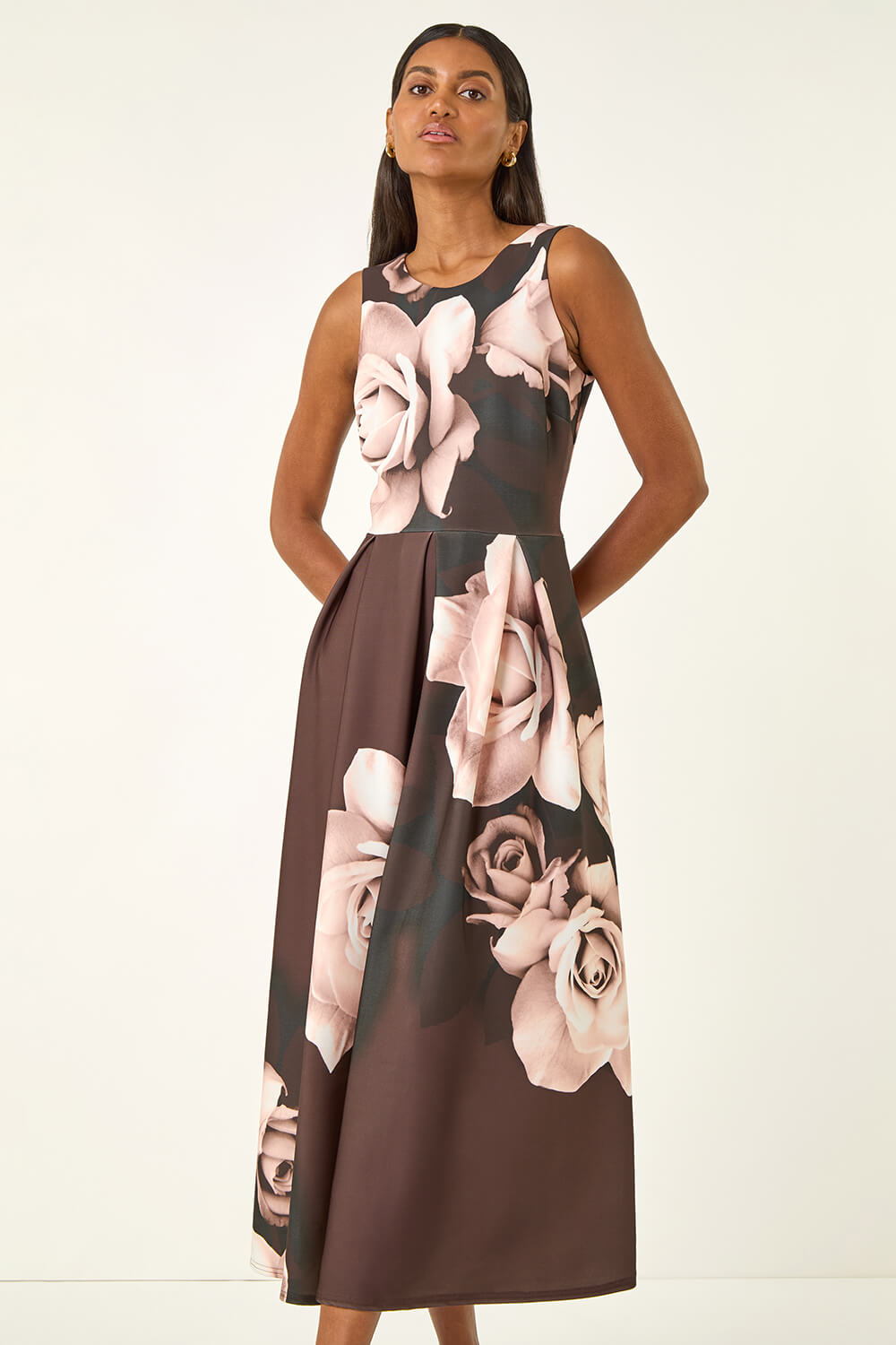Chocolate Floral Print Premium Stretch Midi Dress, Image 1 of 5