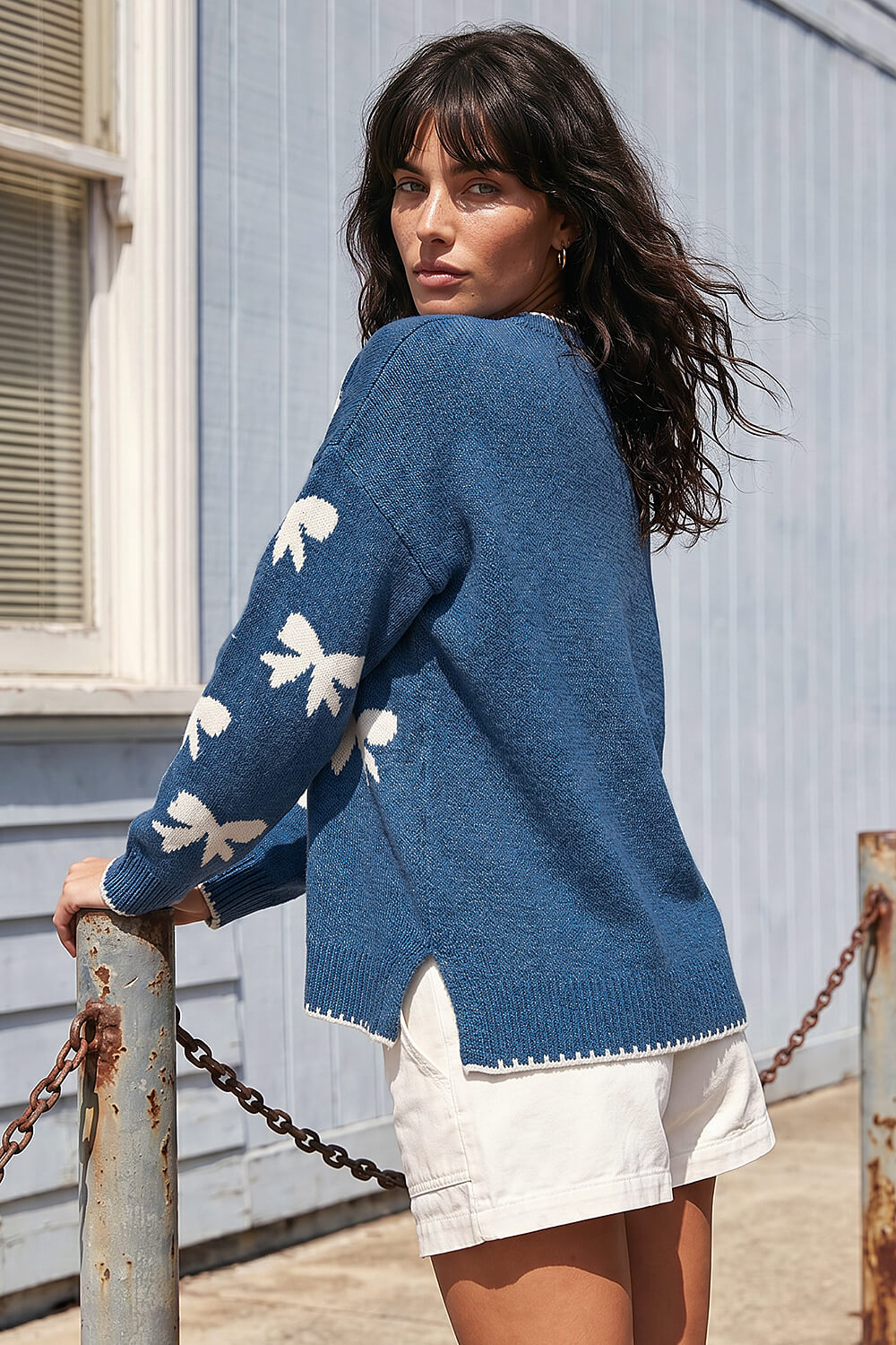 Denim Bow Contrast Stitch Knit Jumper, Image 4 of 4