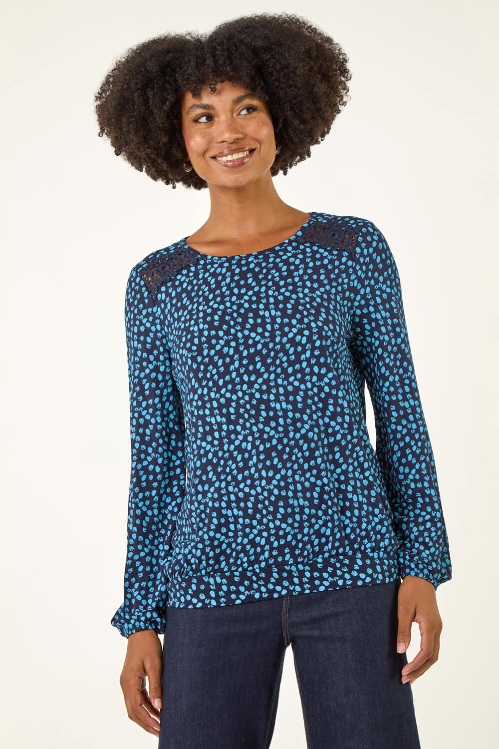 Blue Printed Lace Stretch Top, Image 5 of 5
