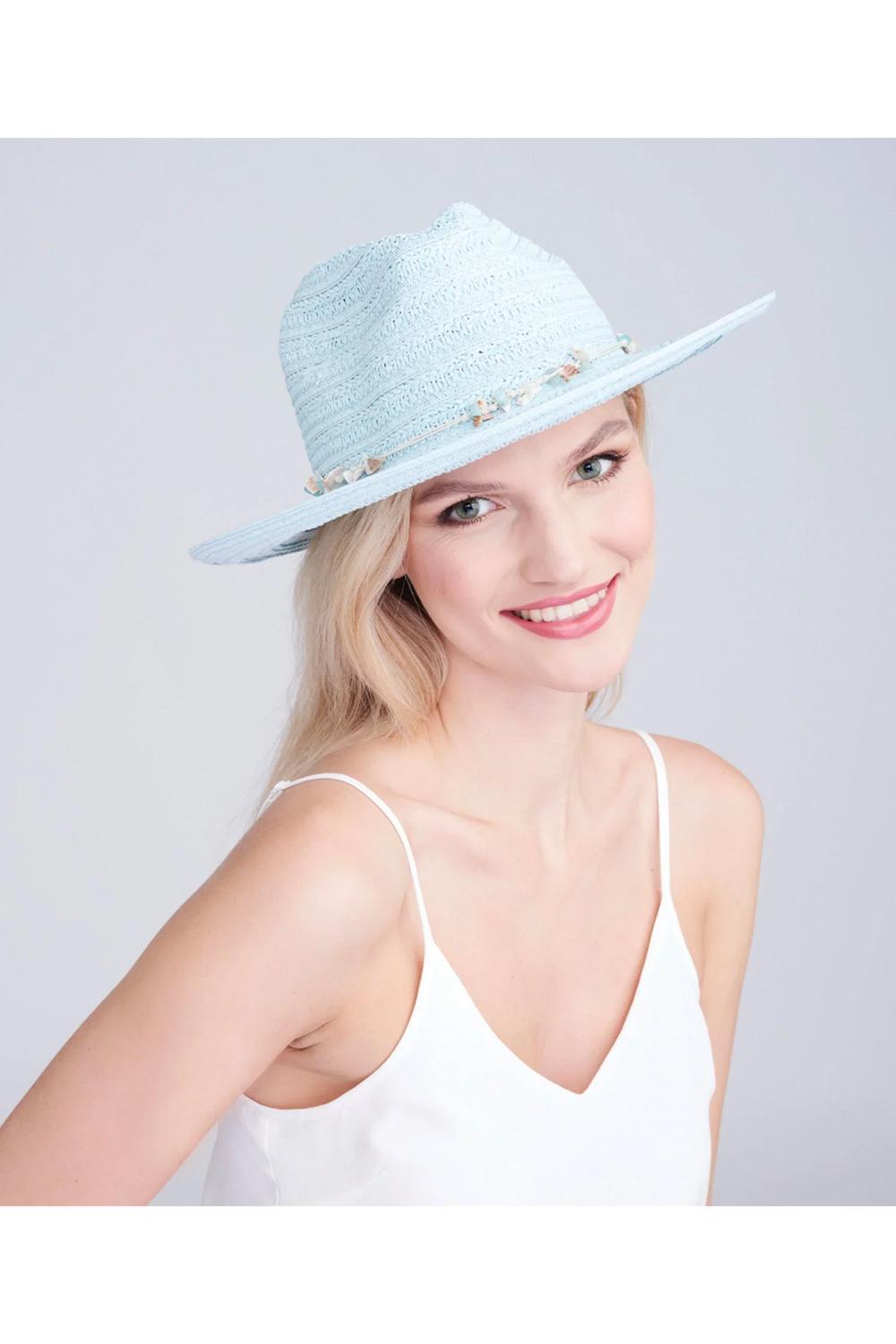 Turqouise Vera - Shell Beaded Straw Fedora - Light Turquoise, Image 1 of 1