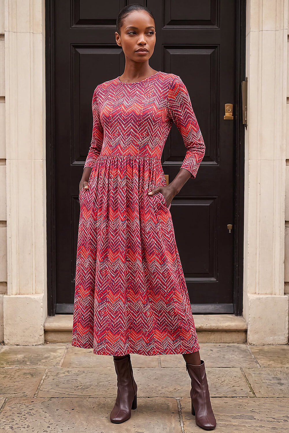 Roman Women's Red Zig Zag Print Midi Dress Size 10