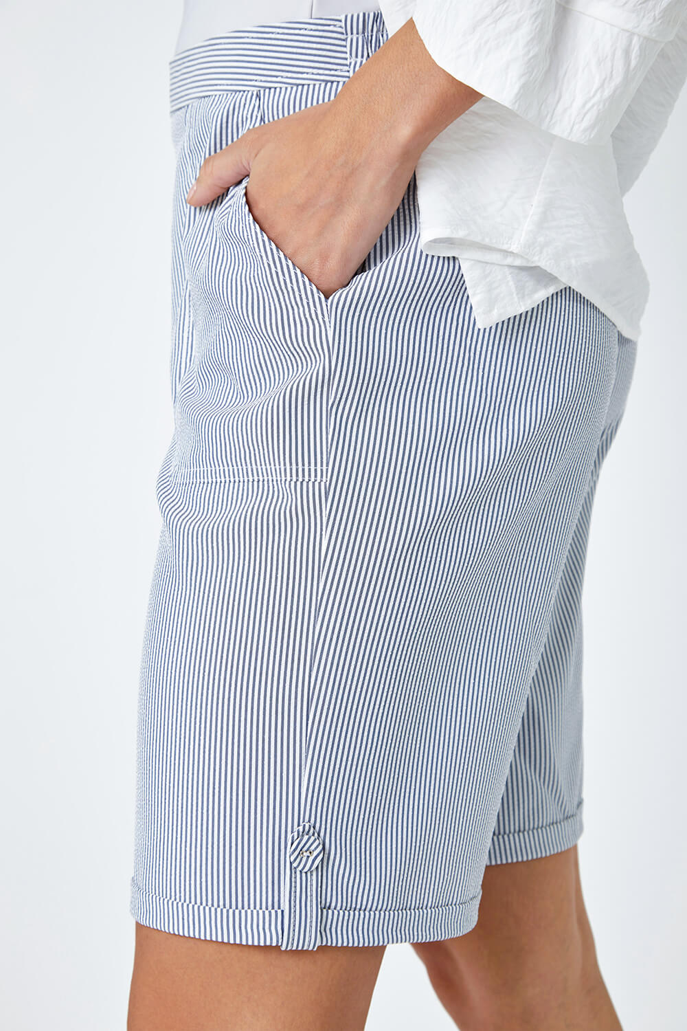 Blue Striped Turn Up Elastic Waist Shorts, Image 6 of 5