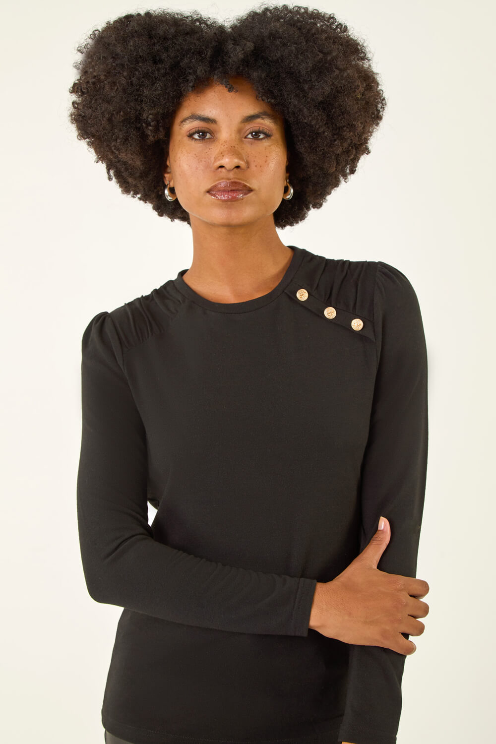 Black Ruched Button Stretch Top, Image 1 of 5