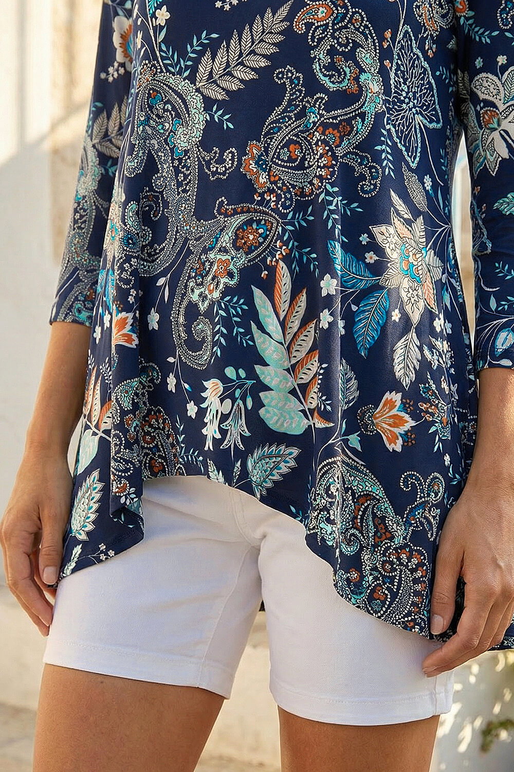 Navy Paisley Hanky Hem Stretch Tunic Top, Image 5 of 4