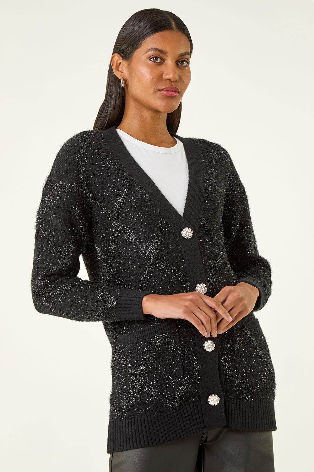 Black Longline Tinsel Knit Cardigan, Image 5 of 5