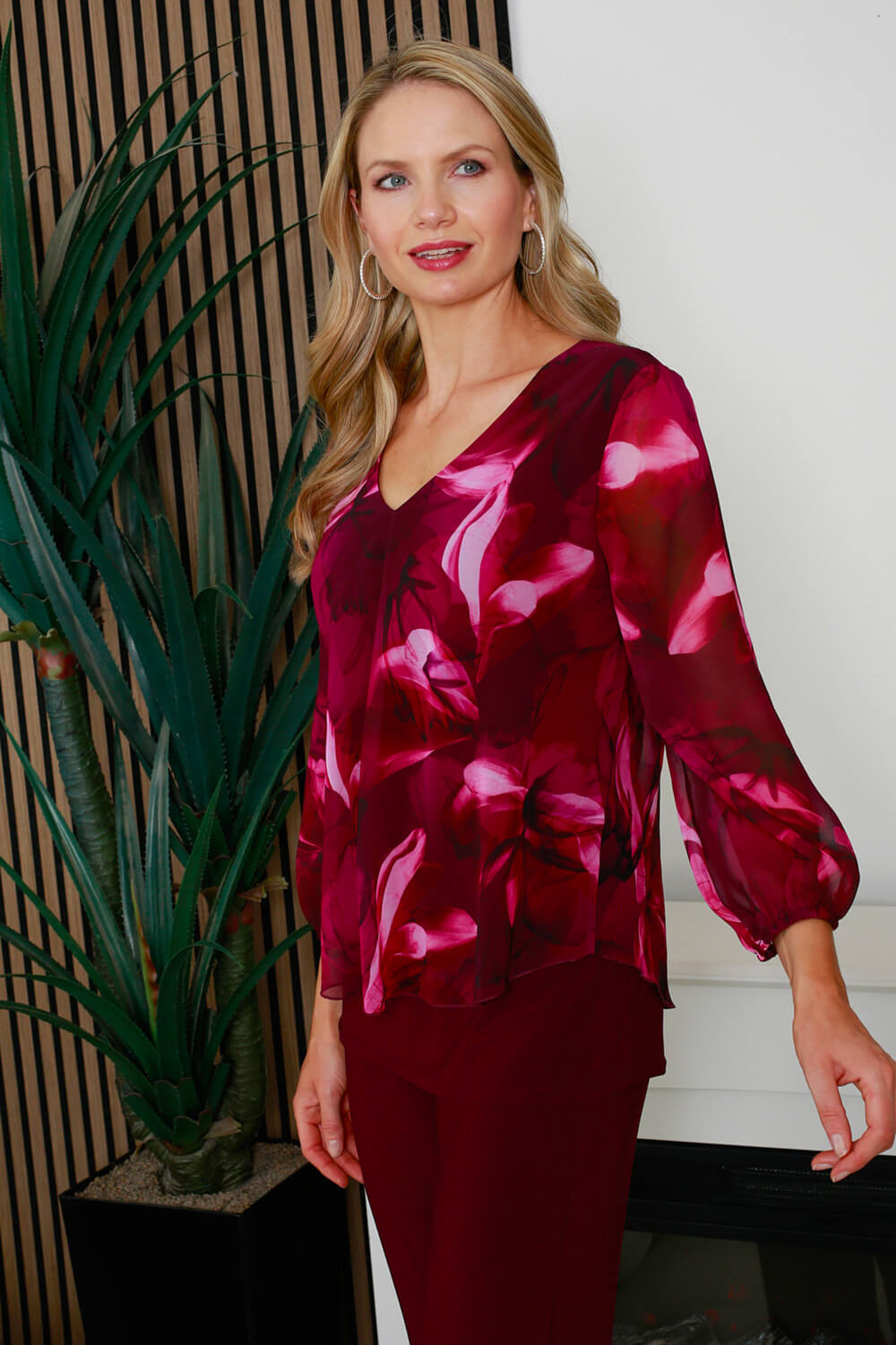 Wine Julianna Printed Stretch Top, Image 6 of 5