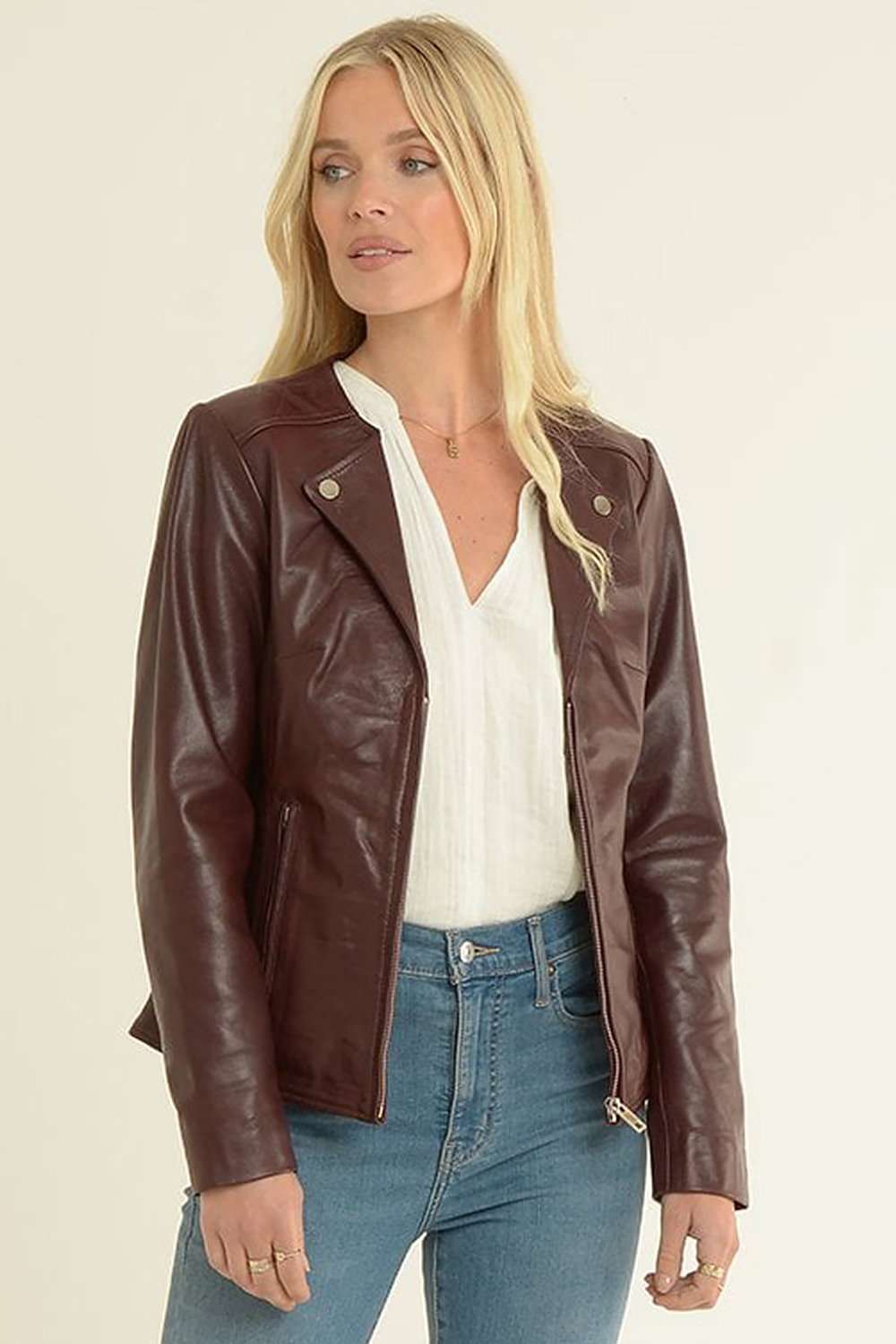 Burgundy 'MB' Real Leather Fashion Biker Jacket, Image 1 of 5