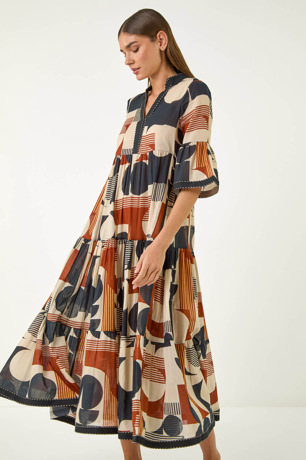 Tan Geometric Boho Maxi Dress, Image 3 of 5