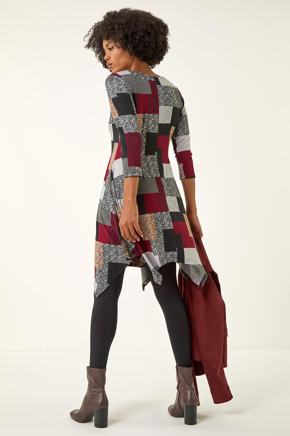 Red Patchwork Pocket Detail Stretch Dress, Image 4 of 5
