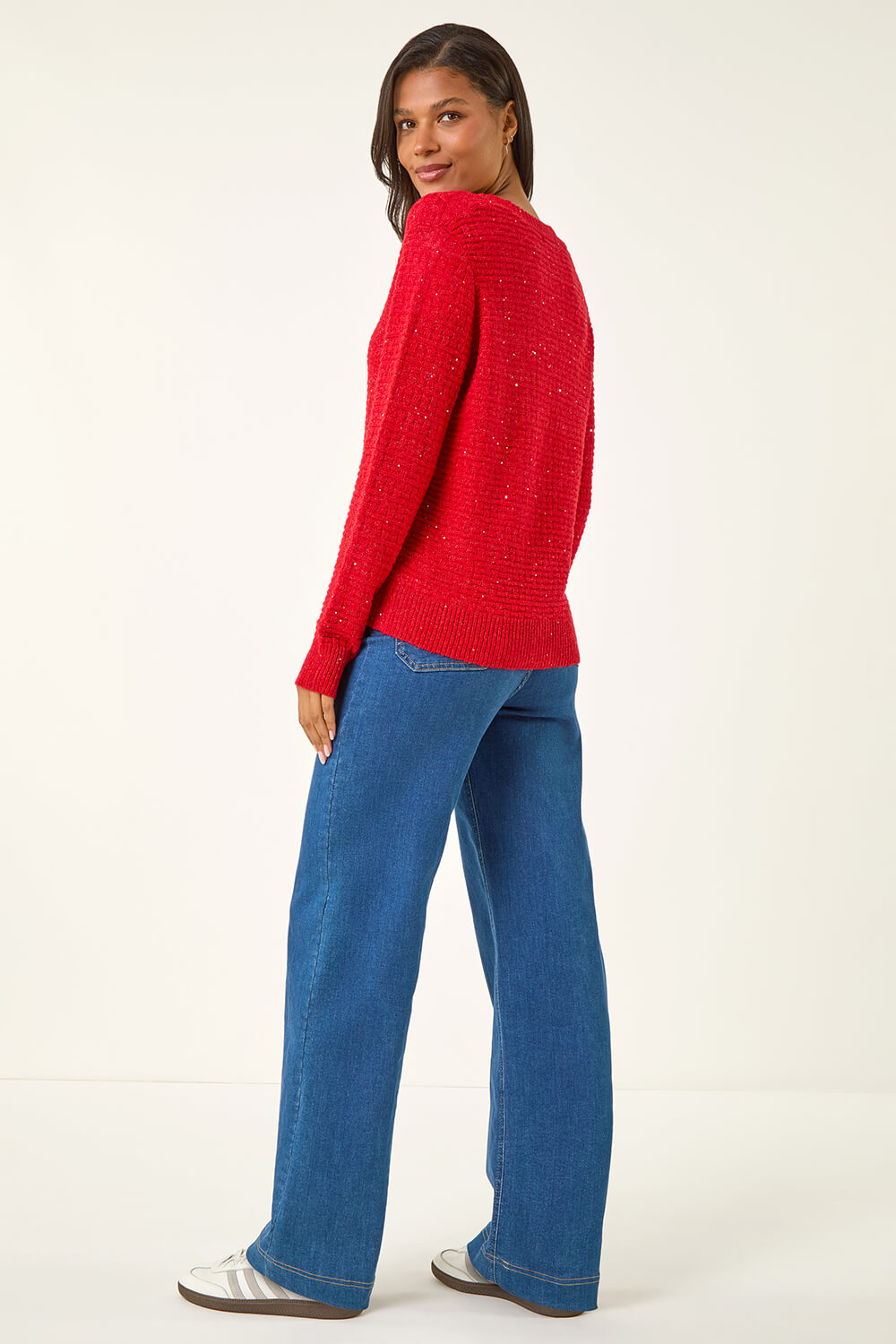 Red Bow Embellished Sequin Knit Cardigan, Image 4 of 5