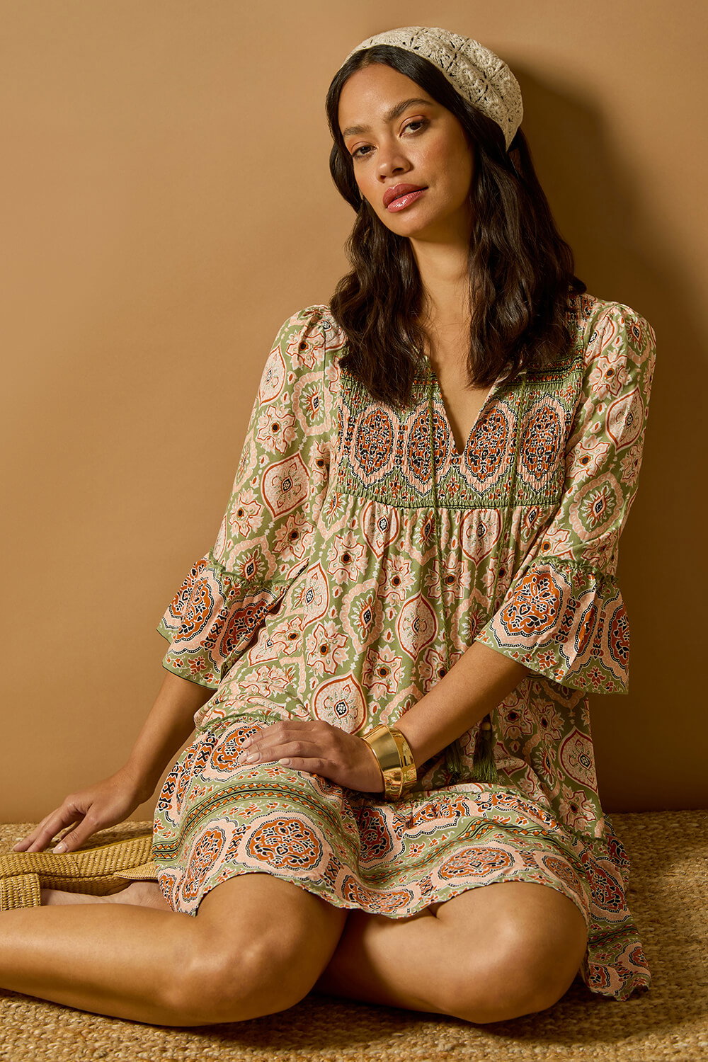 KHAKI Dusk Mix Print Smock Midi Dress, Image 7 of 7